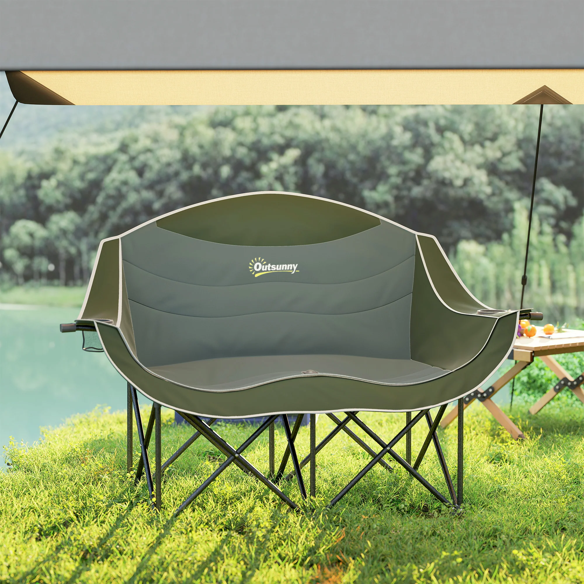 Outsunny Double Camping Chair For Adults With Armrests, Cup Holders - Green/Khaki - Image 7