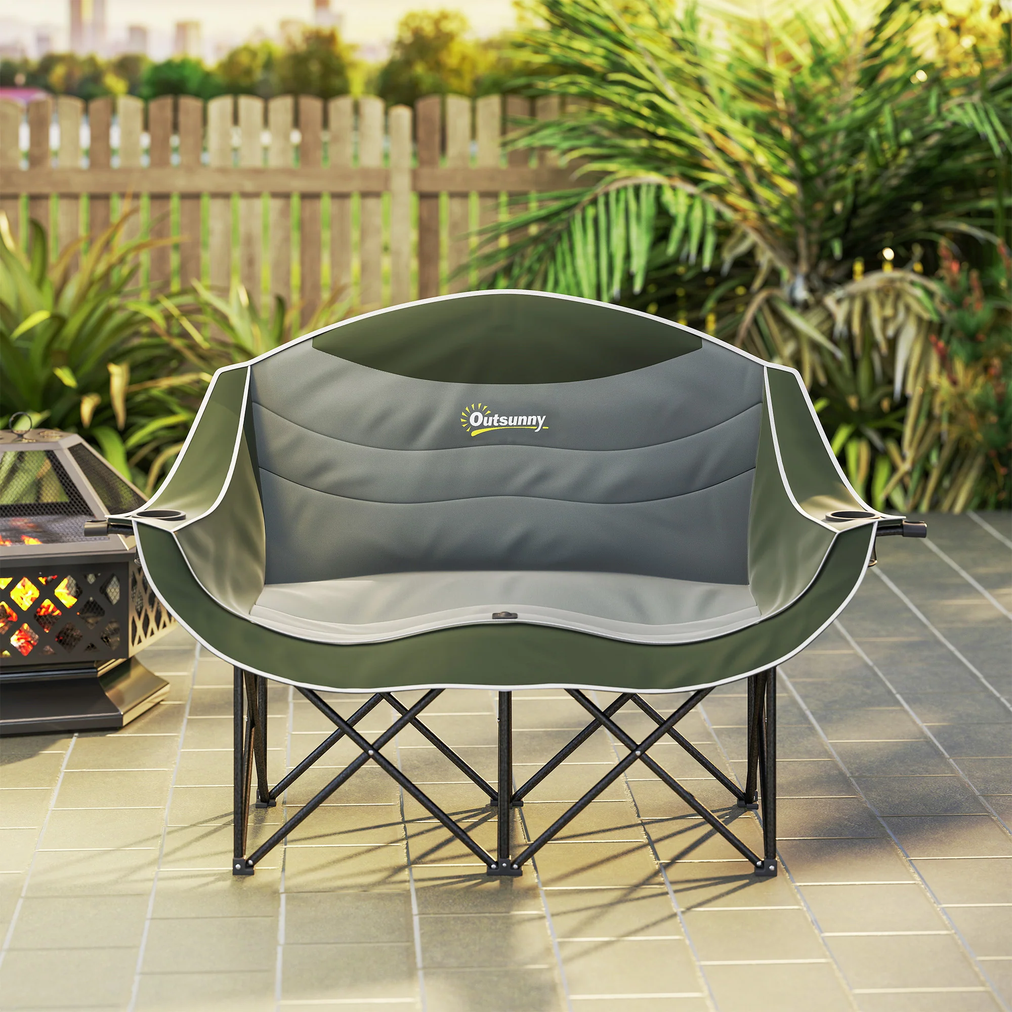Outsunny Double Camping Chair For Adults With Armrests, Cup Holders - Green/Khaki - Image 8