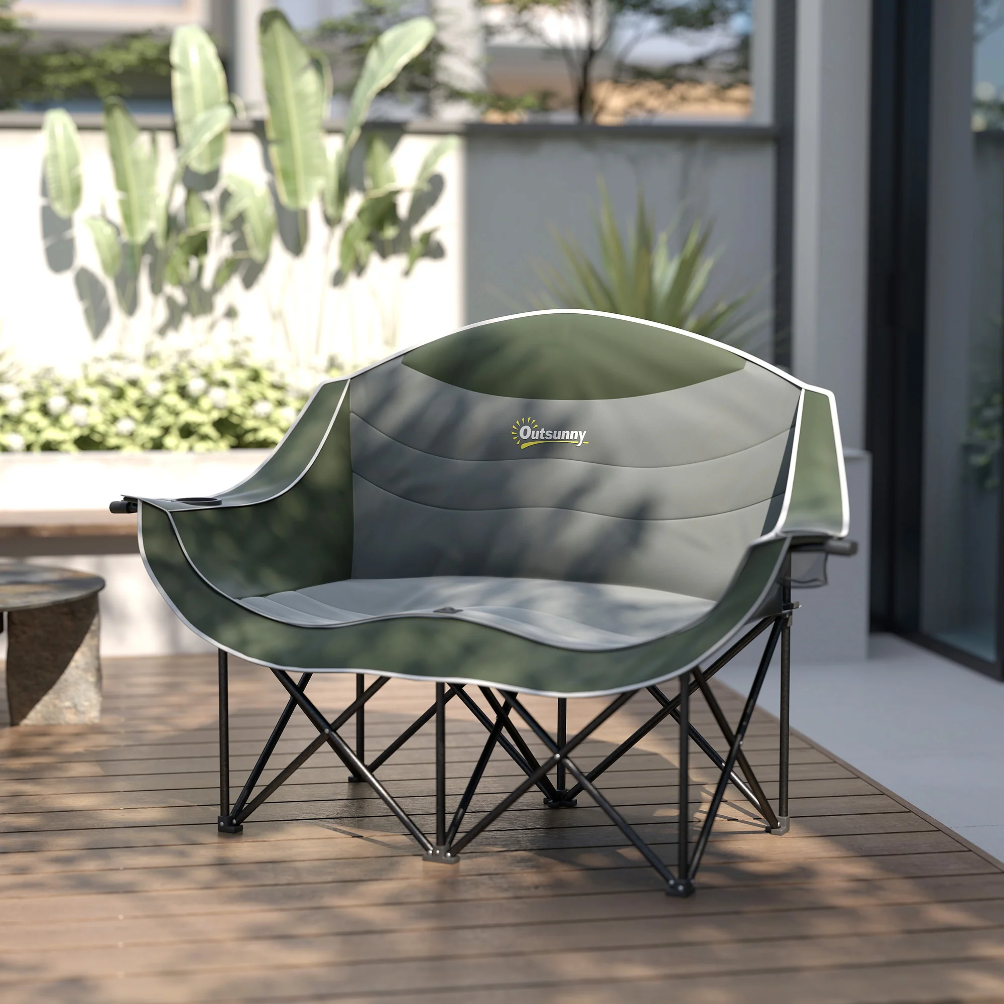 Outsunny Double Camping Chair For Adults With Armrests, Cup Holders - Green/Khaki - Image 9