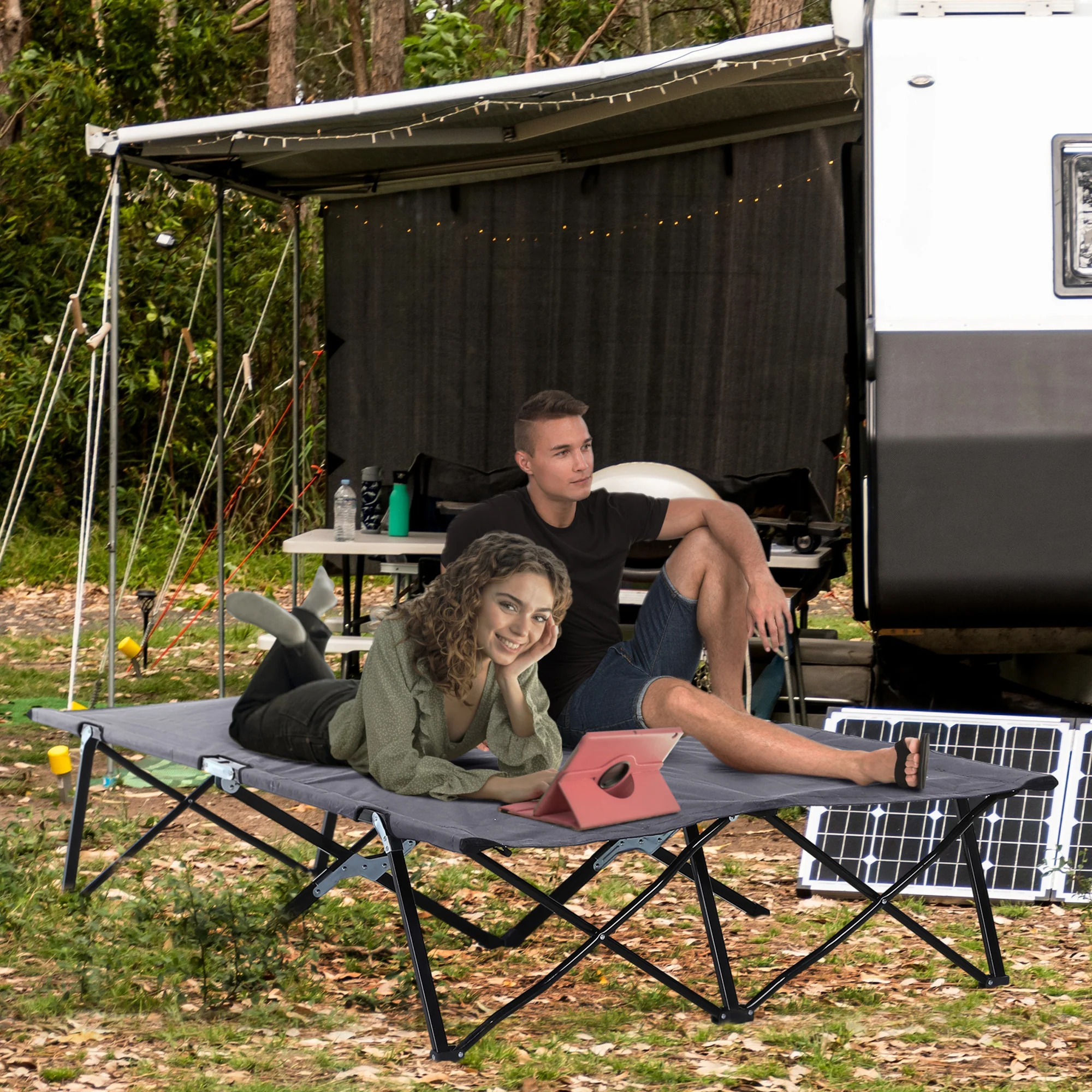 Outsunny Double Camping Folding Cot Outdoor Portable Sunbed, Grey - Image 11