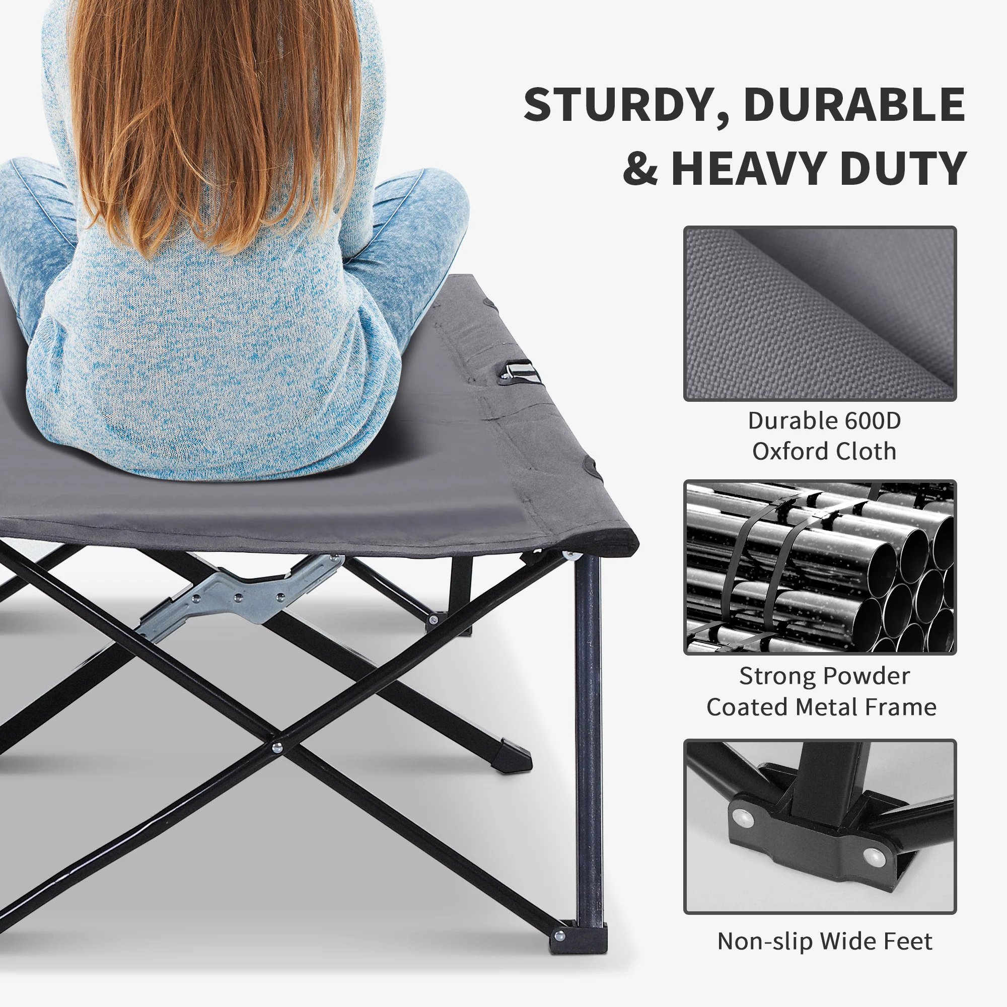 Outsunny Double Camping Folding Cot Outdoor Portable Sunbed, Grey - Image 12