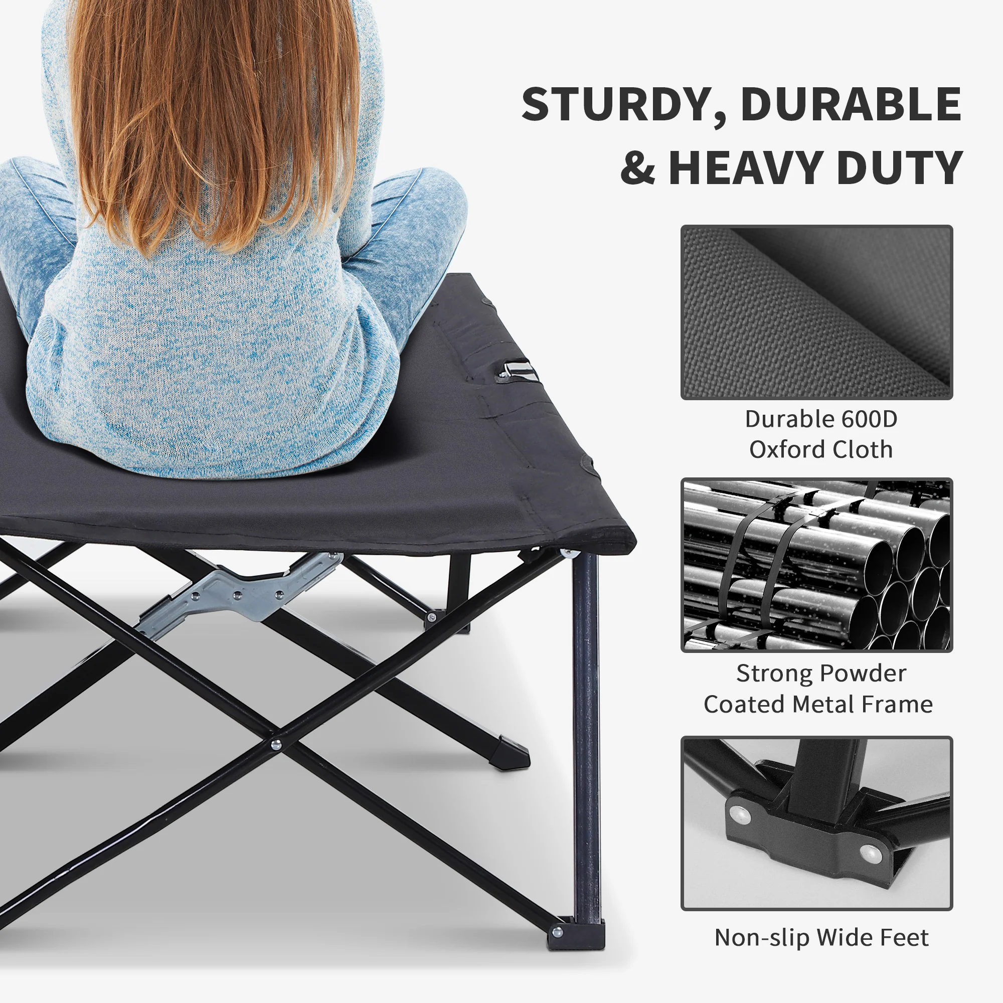 Outsunny Double Camping Folding Cot Outdoor Portable Sunbed, Grey - Image 3