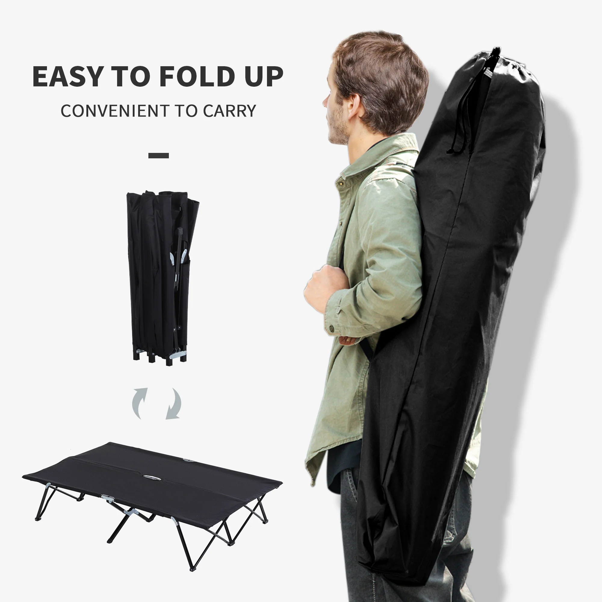 Outsunny Double Camping Folding Cot Outdoor Portable Sunbed, Grey - Image 4