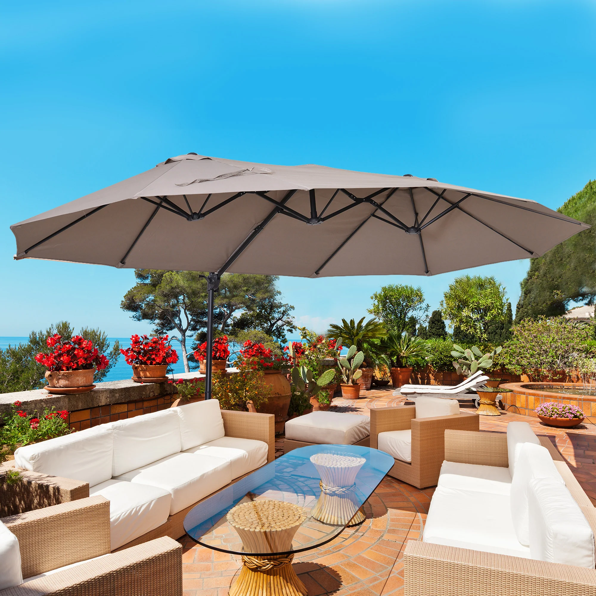 Outsunny Double Canopy Offset Parasol Umbrella Garden Shade Steel Canopy Brown - Image 2
