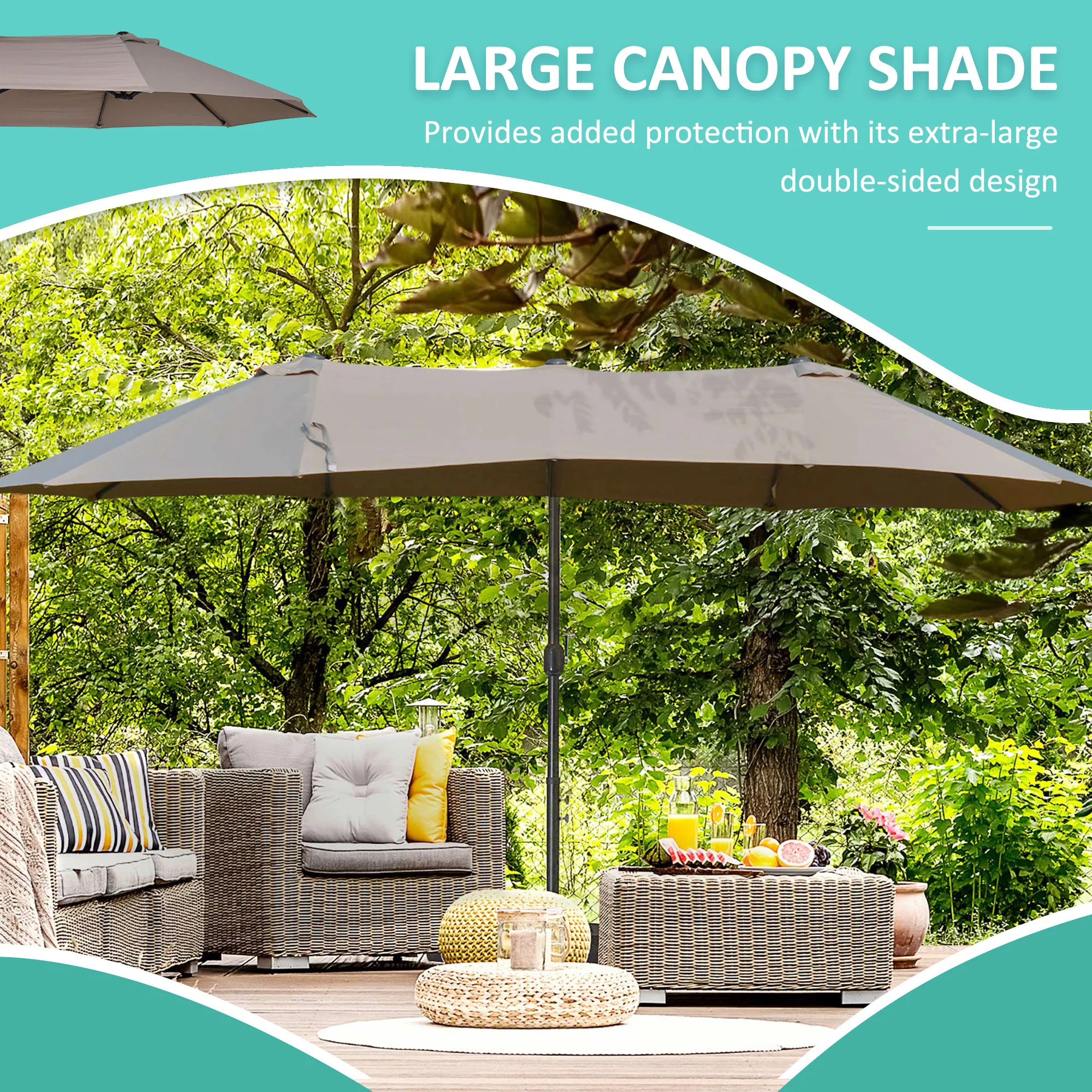 Outsunny Double Canopy Offset Parasol Umbrella Garden Shade Steel Canopy Brown - Image 3