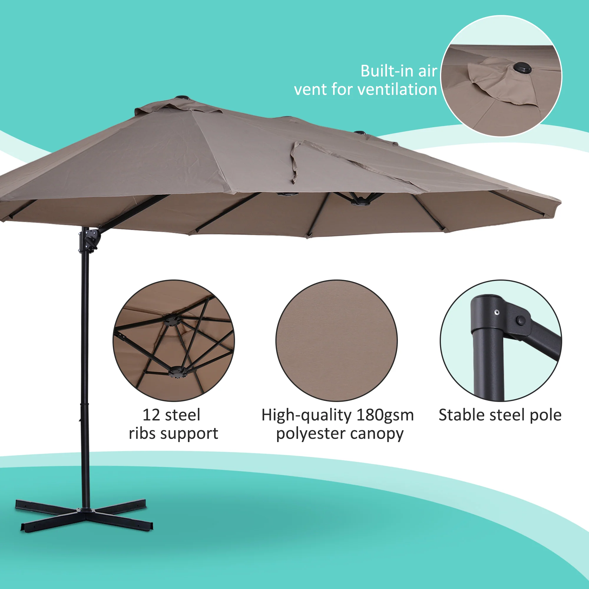 Outsunny Double Canopy Offset Parasol Umbrella Garden Shade Steel Canopy Brown - Image 4