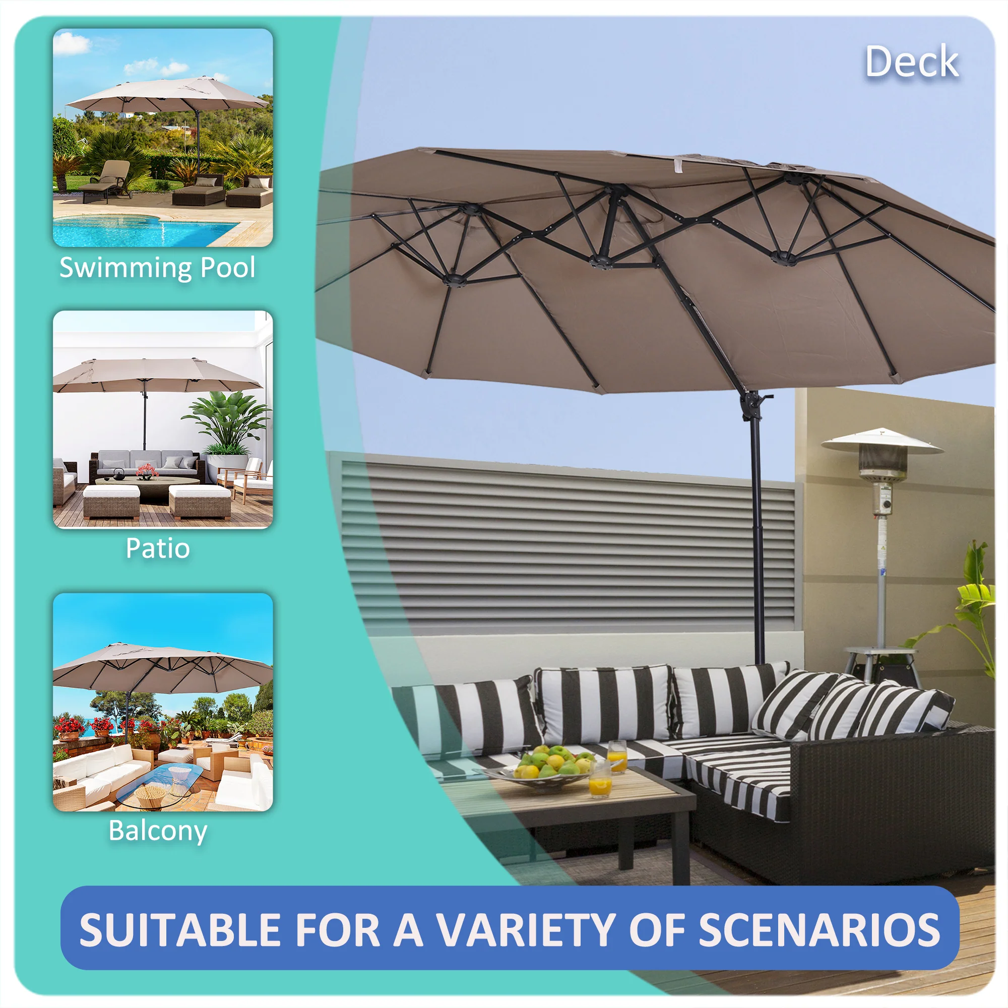 Outsunny Double Canopy Offset Parasol Umbrella Garden Shade Steel Canopy Brown - Image 7