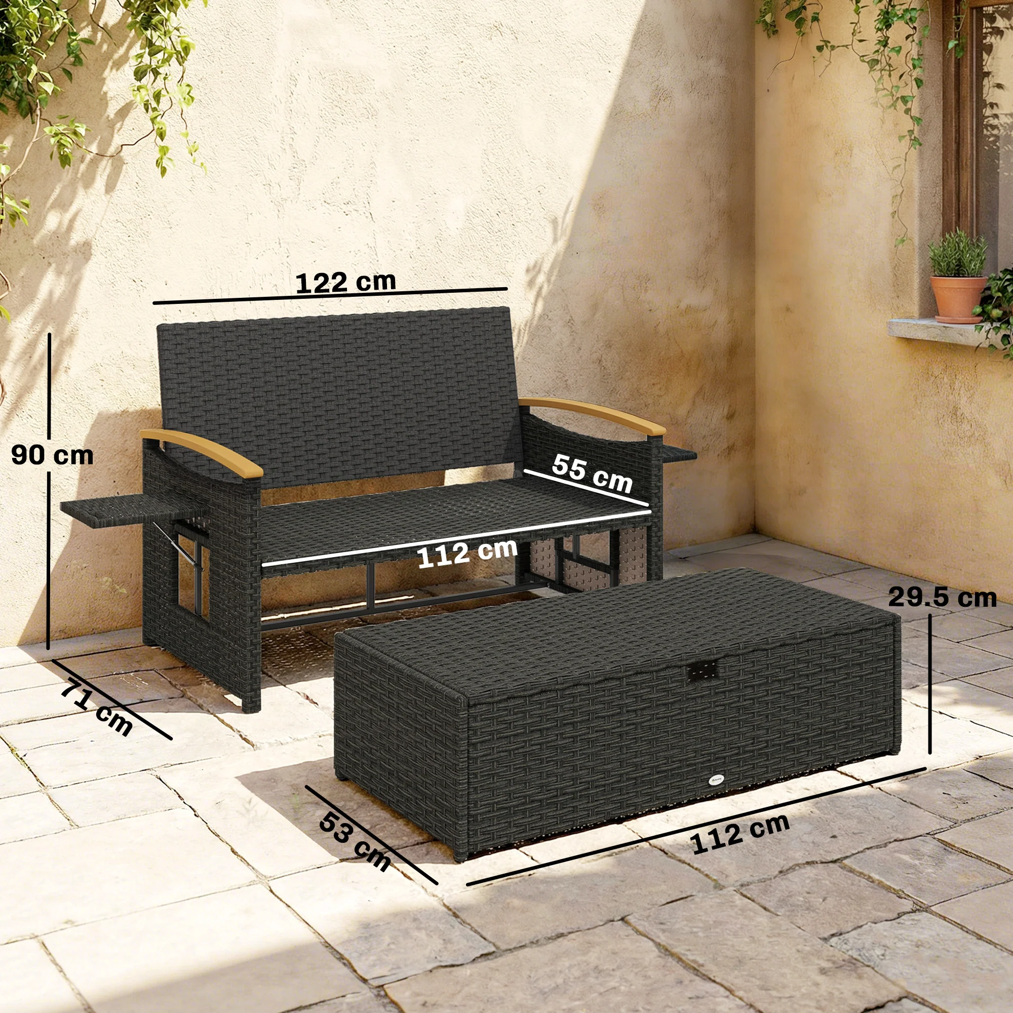 Outsunny Double Garden Rattan Daybed with Storage Ottoman, Brown - Image 3