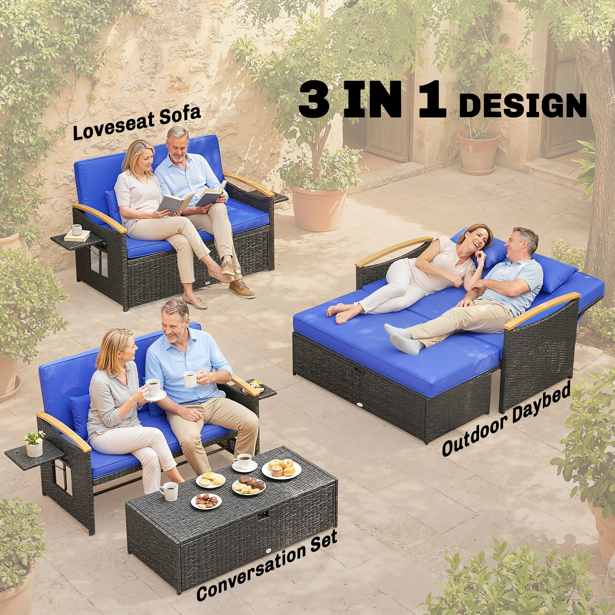 Outsunny Double Garden Rattan Daybed with Storage Ottoman, Brown - Image 4