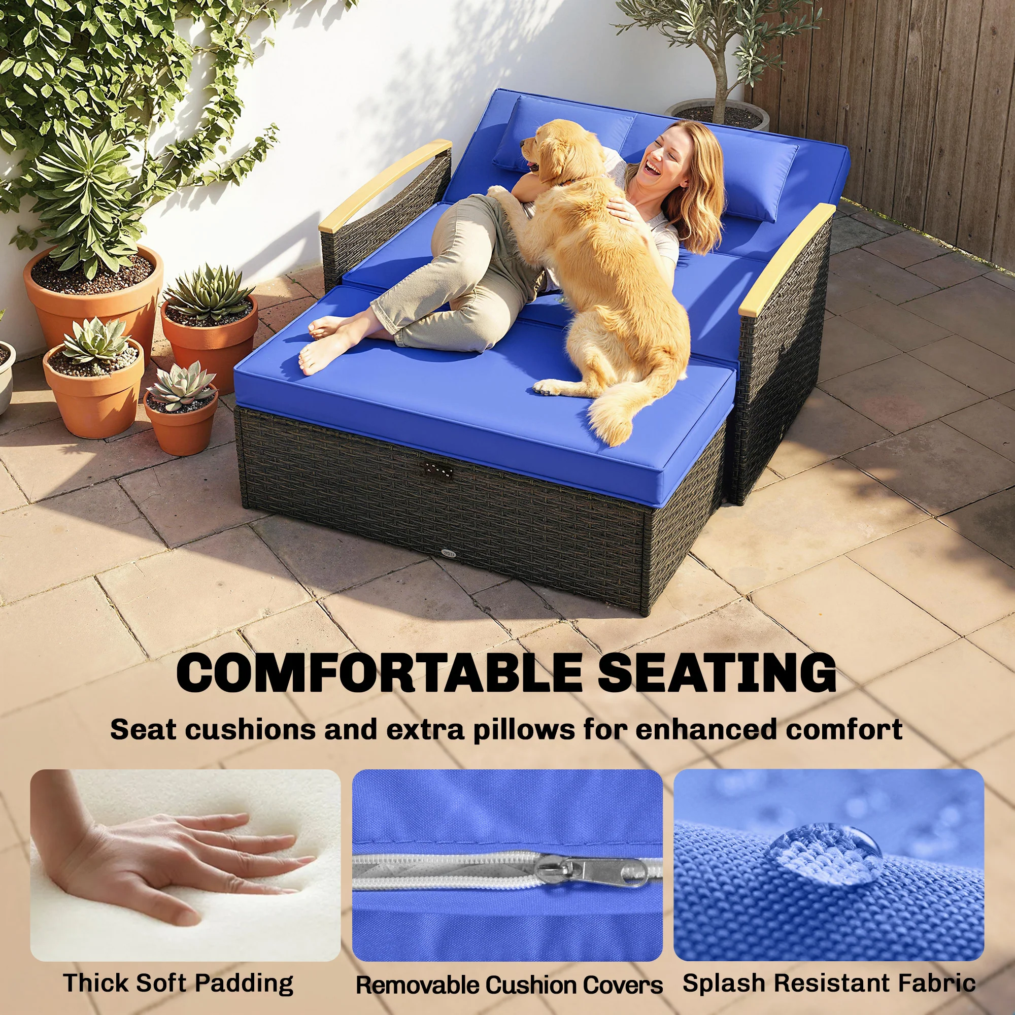 Outsunny Double Garden Rattan Daybed with Storage Ottoman, Brown - Image 6