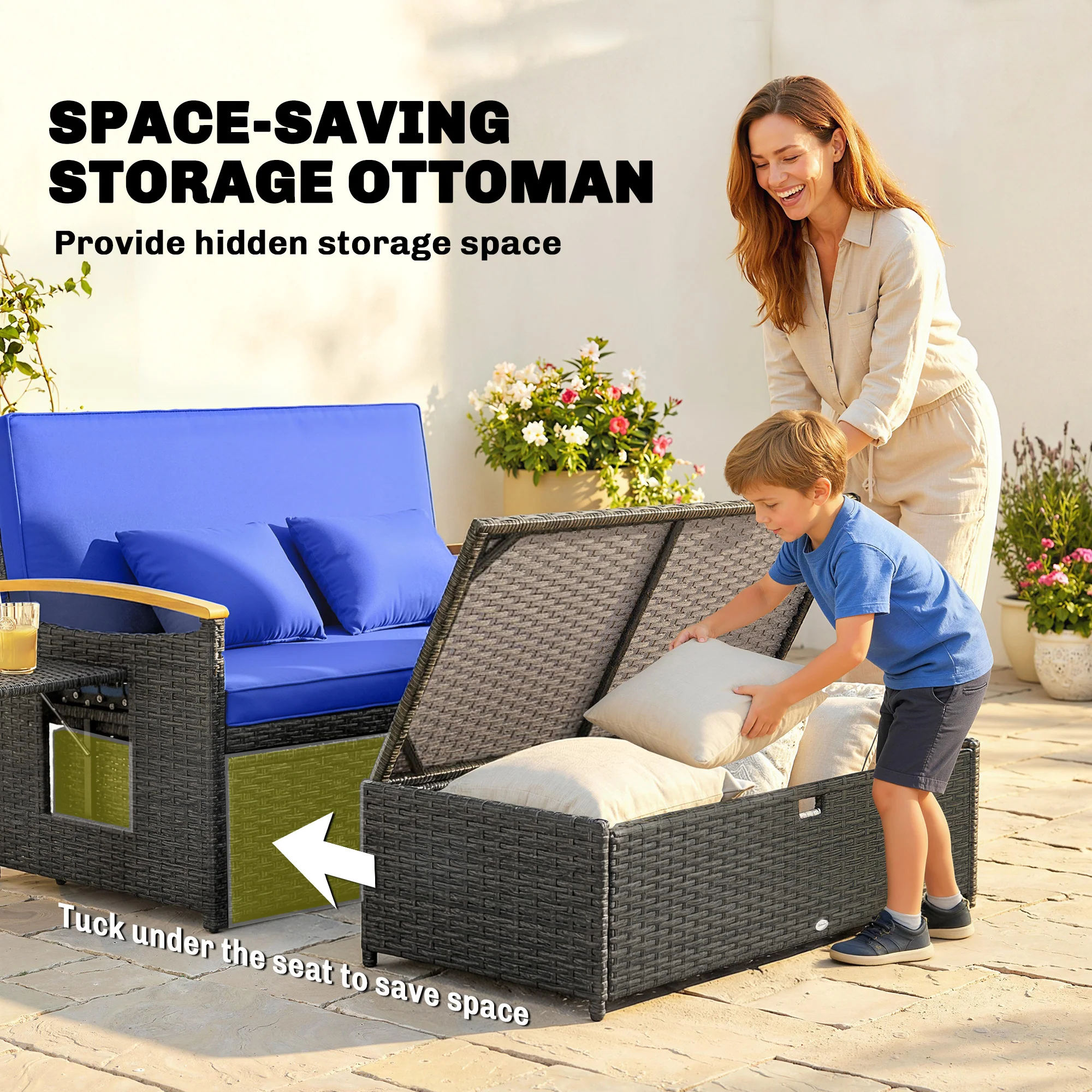 Outsunny Double Garden Rattan Daybed with Storage Ottoman, Brown - Image 8