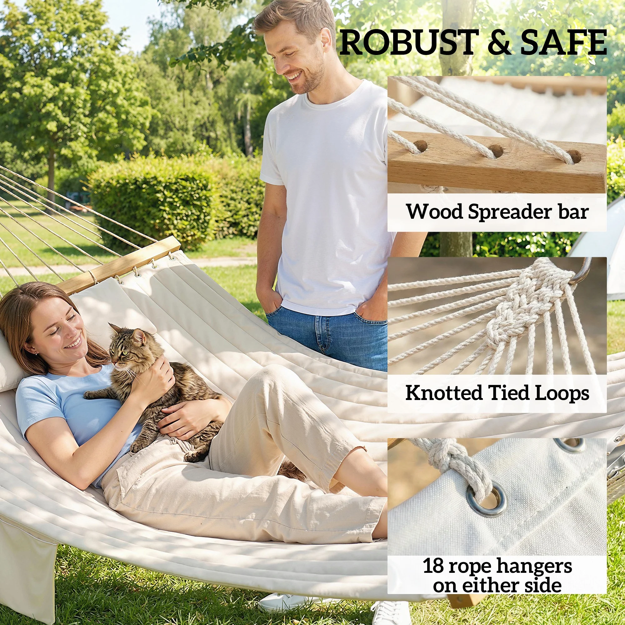 Outsunny Double Hammock 2-Person Padded Swing Bed Cream White - Image 6
