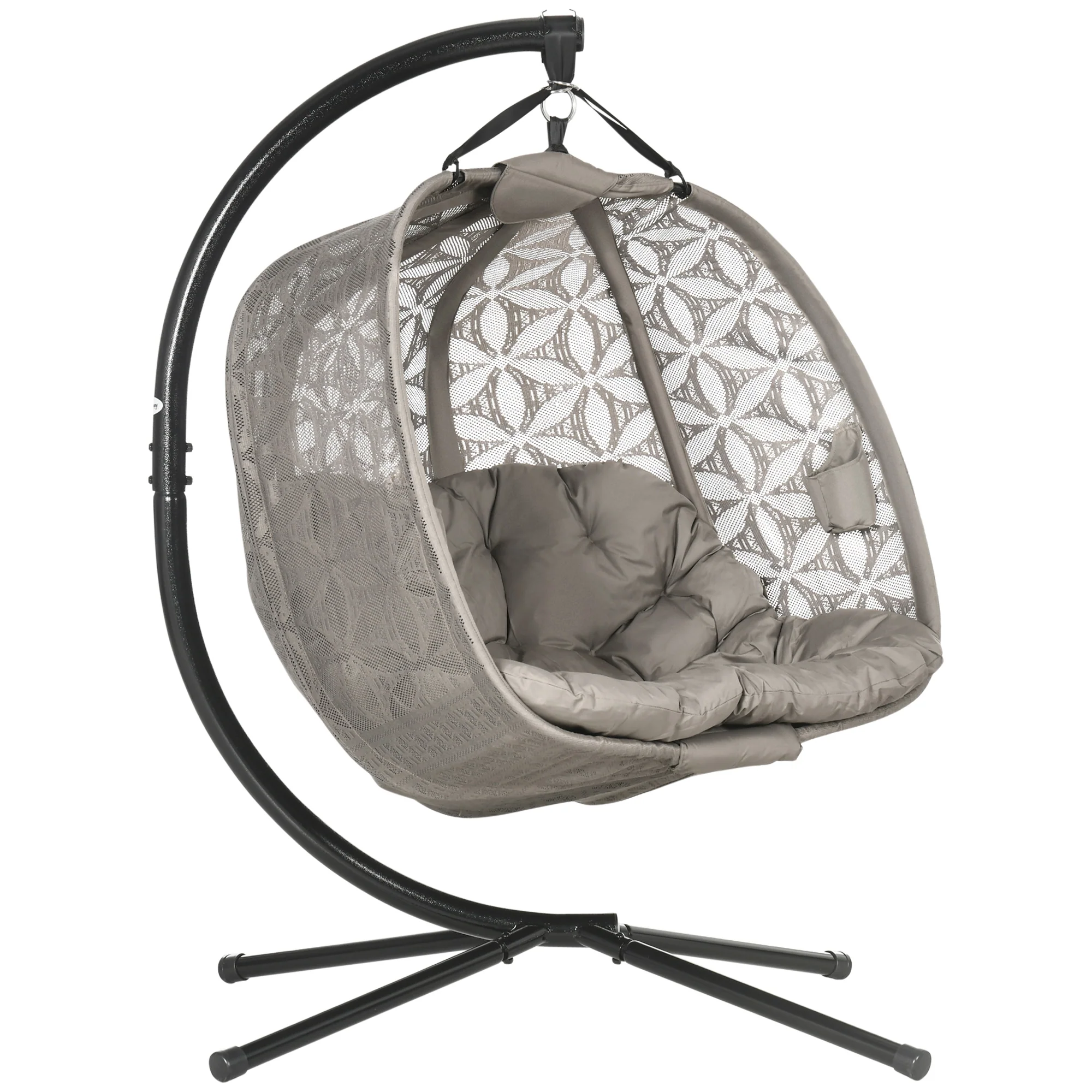 Outsunny Double Hanging Swing Chair w/ Stand & Cup Holders, Brown