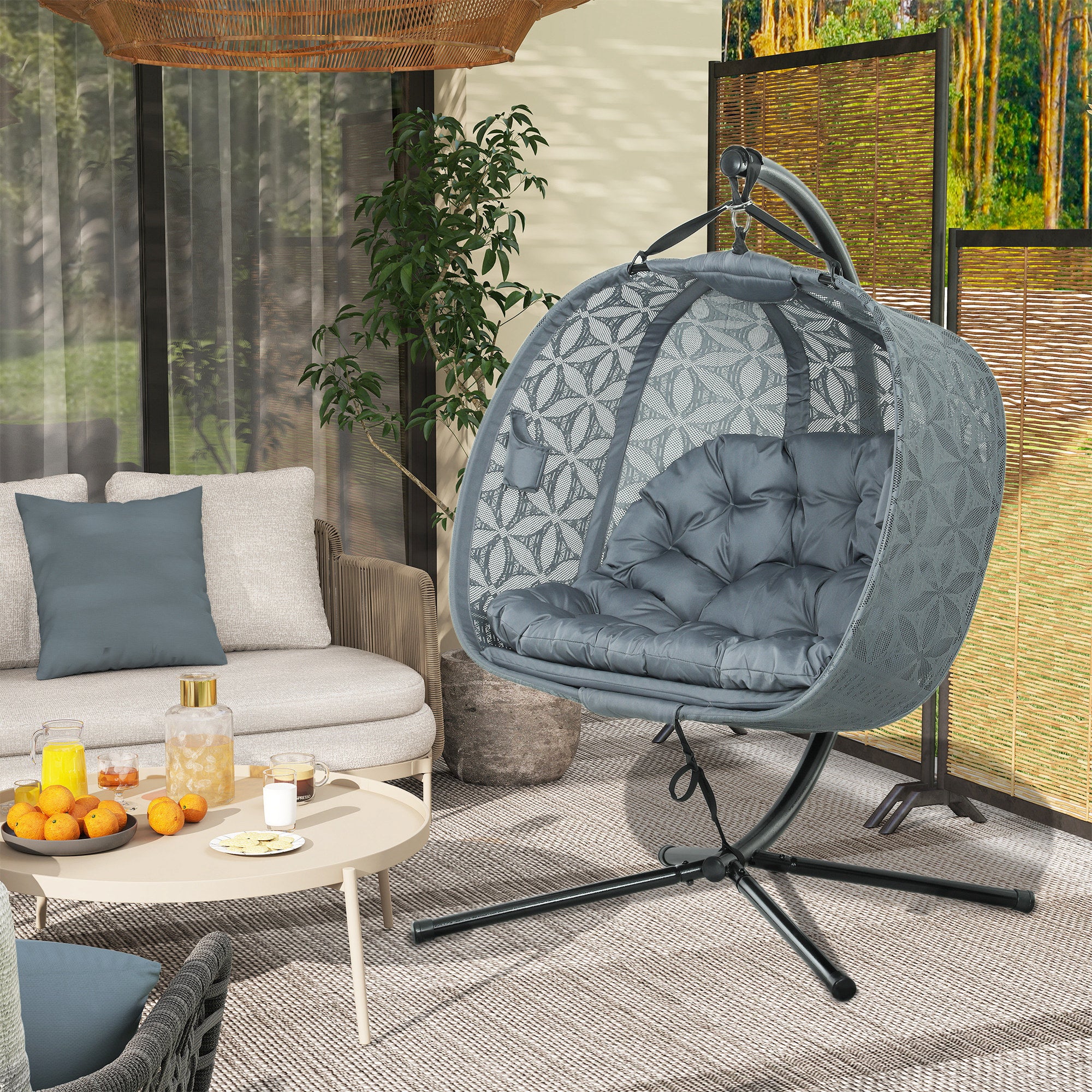 Outsunny Double Hanging Swing Chair w/ Stand & Cup Holders, Charcoal Grey - Image 2