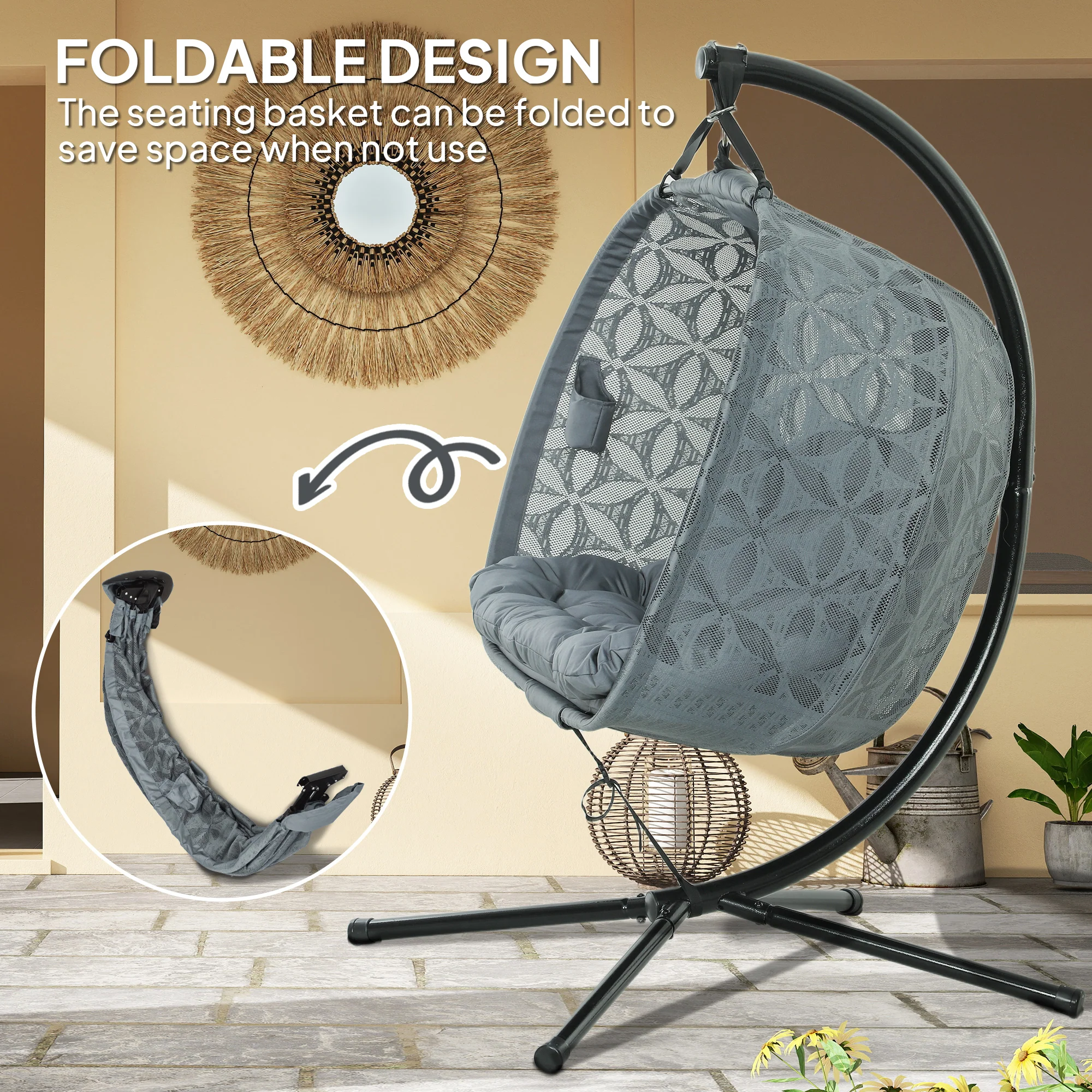 Outsunny Double Hanging Swing Chair w/ Stand & Cup Holders, Charcoal Grey - Image 4