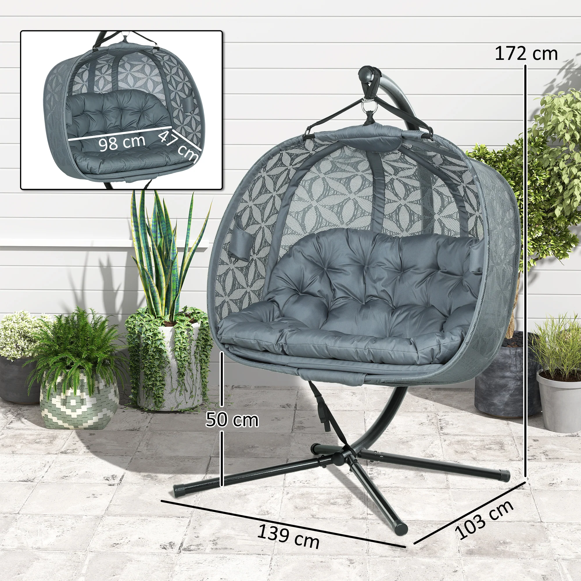 Outsunny Double Hanging Swing Chair w/ Stand & Cup Holders, Charcoal Grey - Image 5