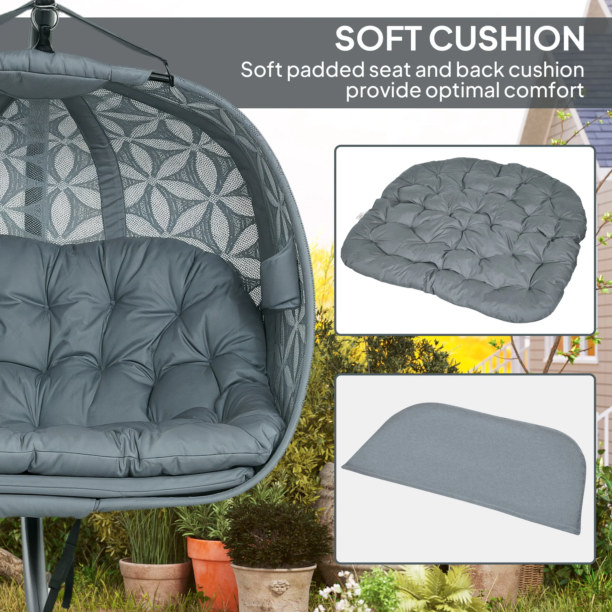Outsunny Double Hanging Swing Chair w/ Stand & Cup Holders, Charcoal Grey - Image 6