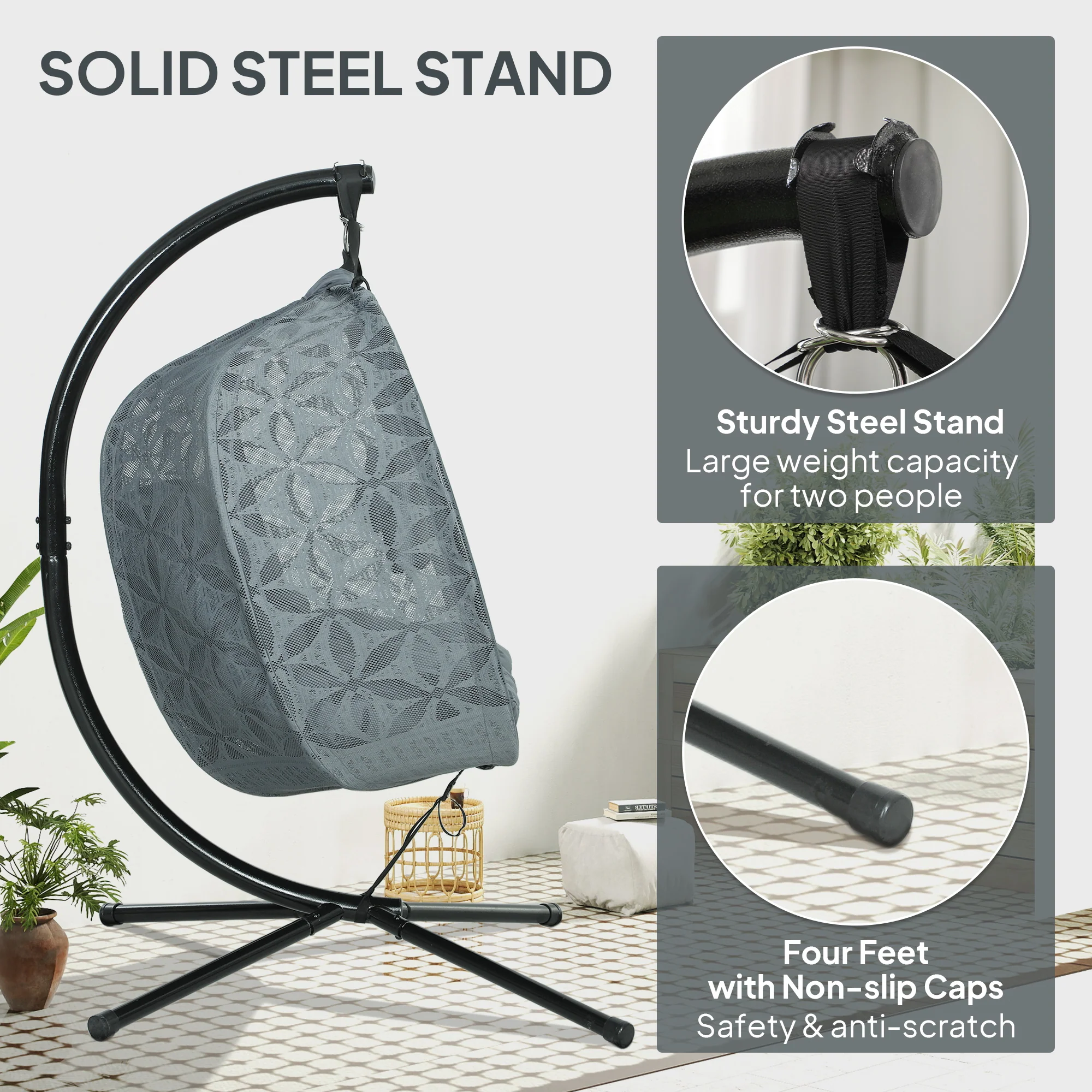 Outsunny Double Hanging Swing Chair w/ Stand & Cup Holders, Charcoal Grey - Image 7