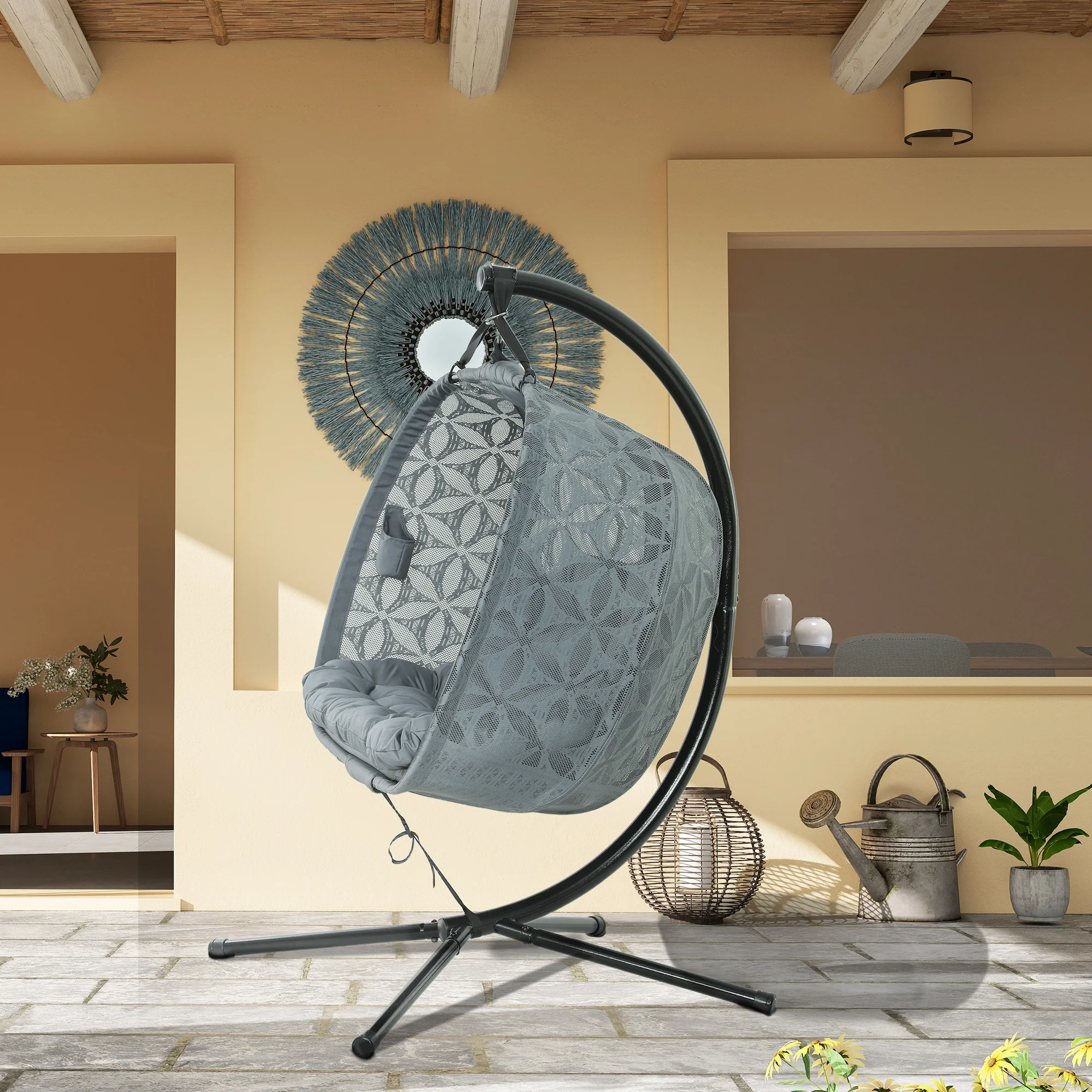 Outsunny Double Hanging Swing Chair w/ Stand & Cup Holders, Charcoal Grey - Image 8