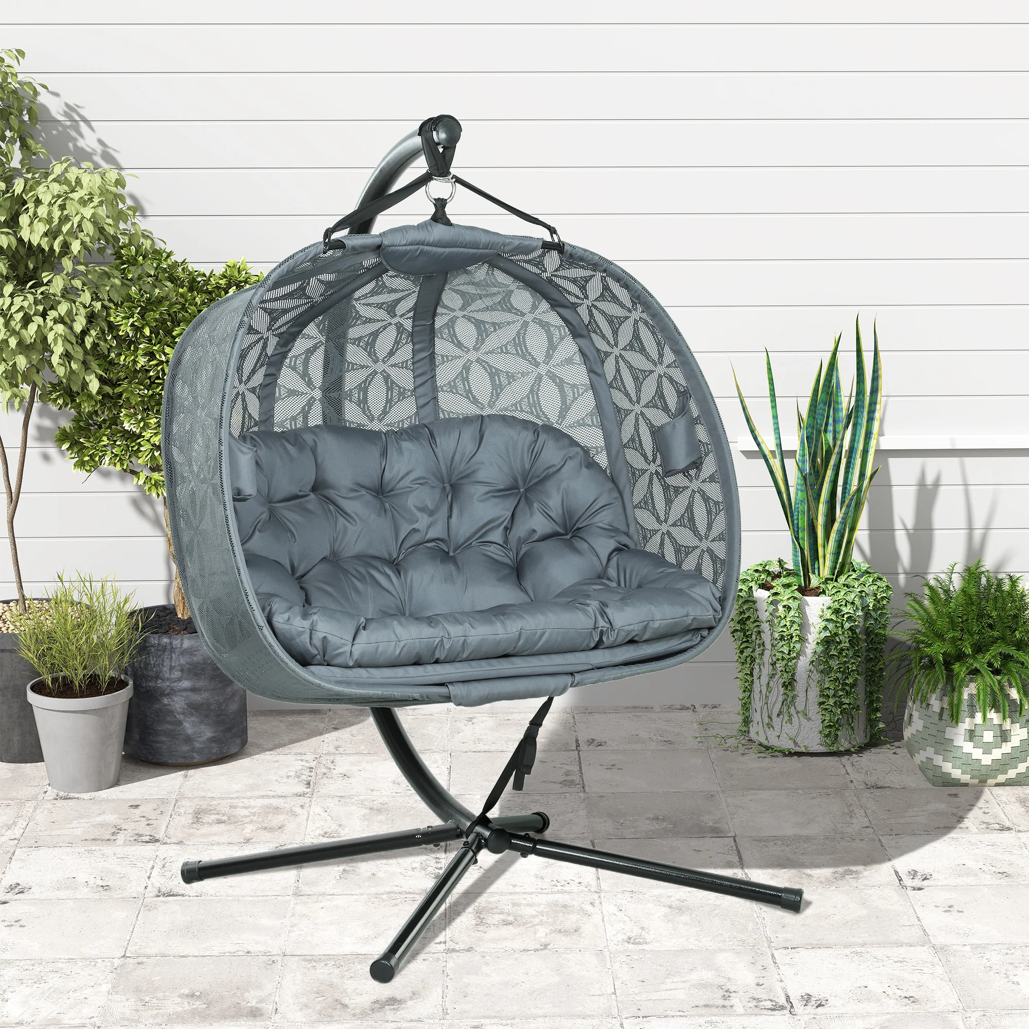 Outsunny Double Hanging Swing Chair w/ Stand & Cup Holders, Charcoal Grey - Image 9