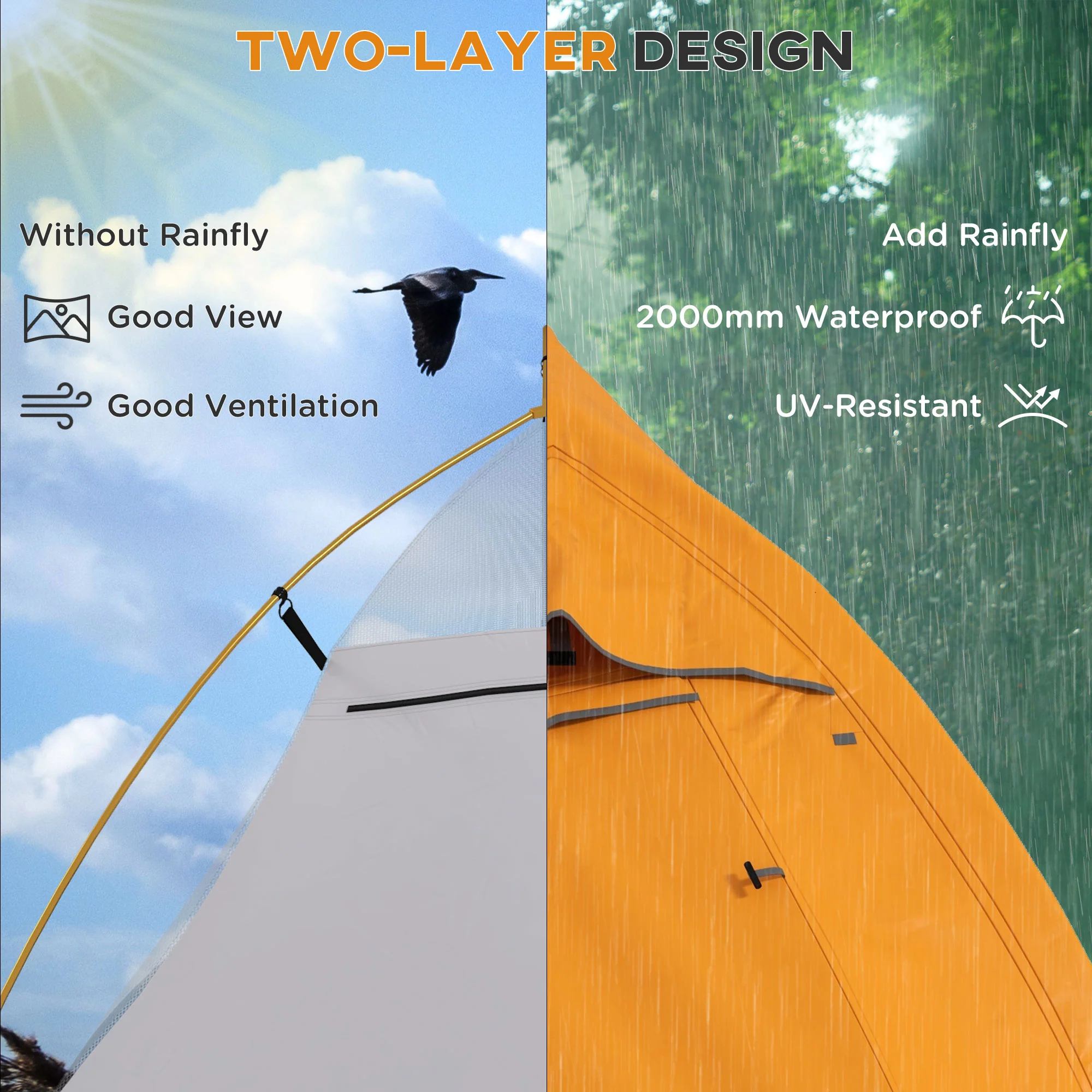 Outsunny Double Layer Camping Tent For 1-2 Man, 2000mm Waterproof - Orange/Green - Image 3