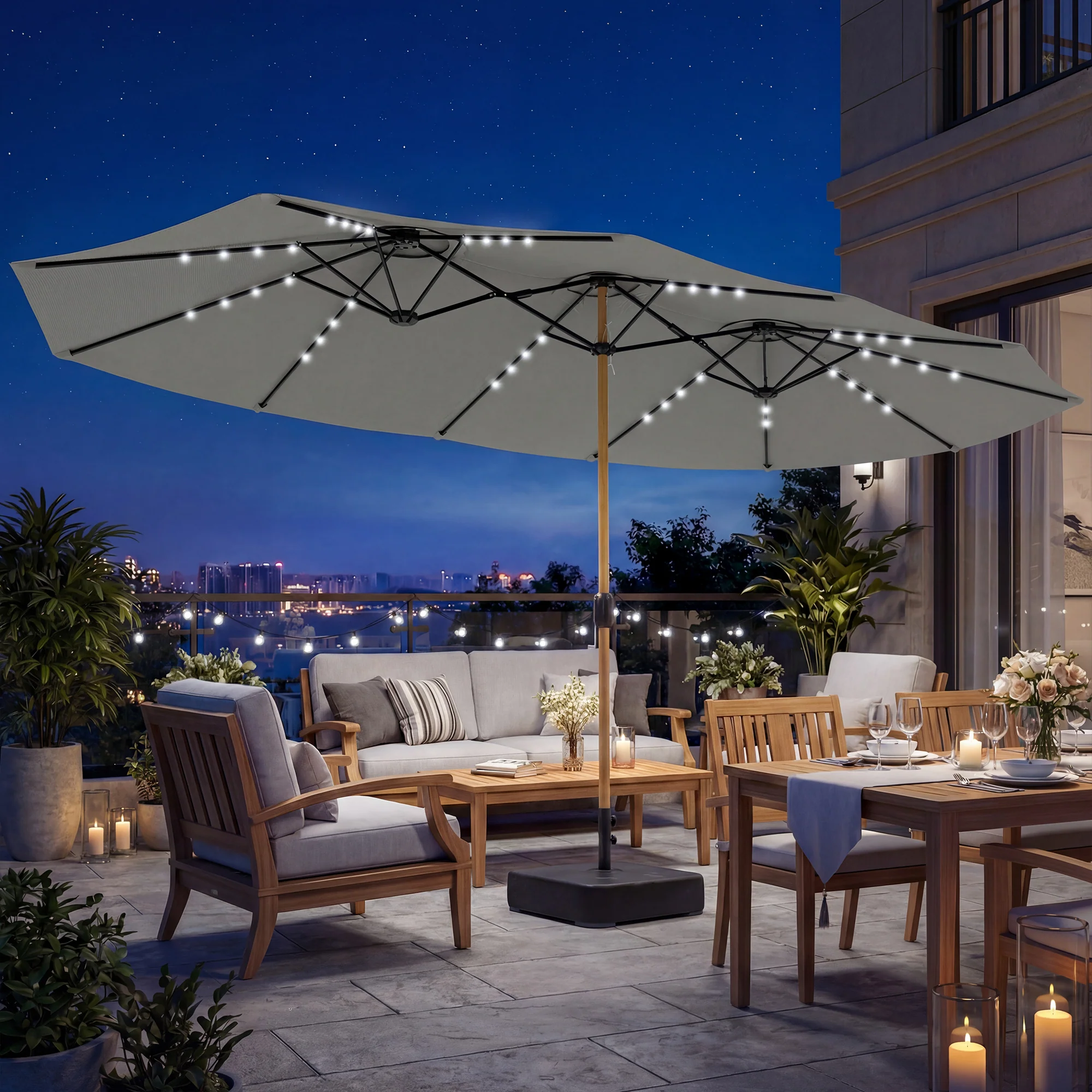 Outsunny Double Sided Garden Parasol W/ 48 Solar LED Lights 4.6m Light Grey - Image 2
