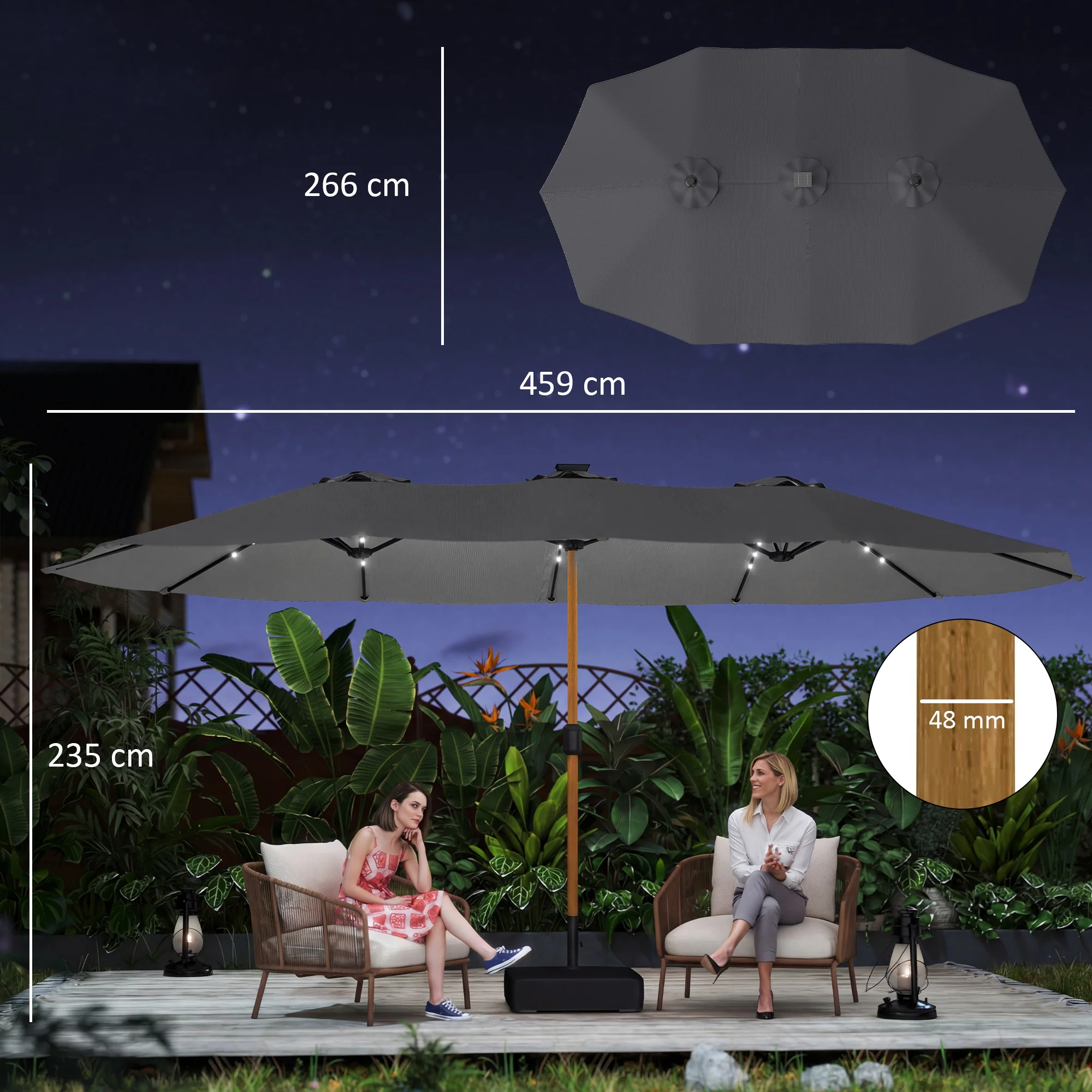 Outsunny Double Sided Garden Parasol W/ 48 Solar LED Lights 4.6m Light Grey - Image 3