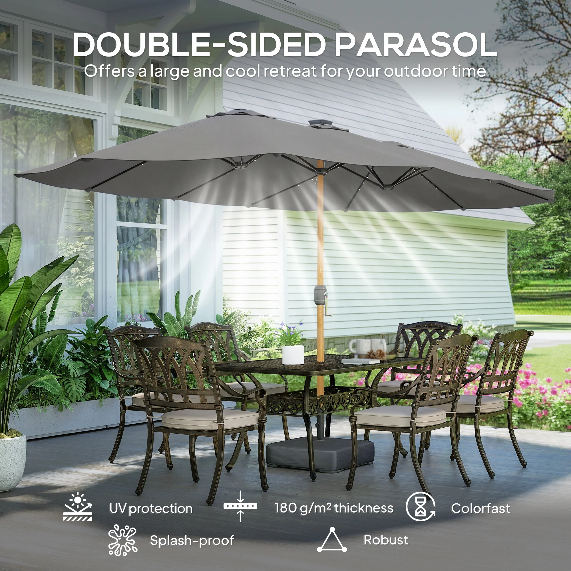 Outsunny Double Sided Garden Parasol W/ 48 Solar LED Lights 4.6m Light Grey - Image 4