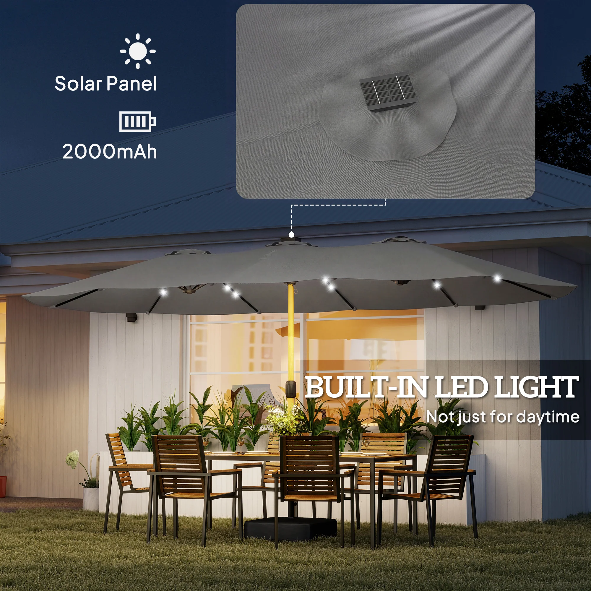 Outsunny Double Sided Garden Parasol W/ 48 Solar LED Lights 4.6m Light Grey - Image 5