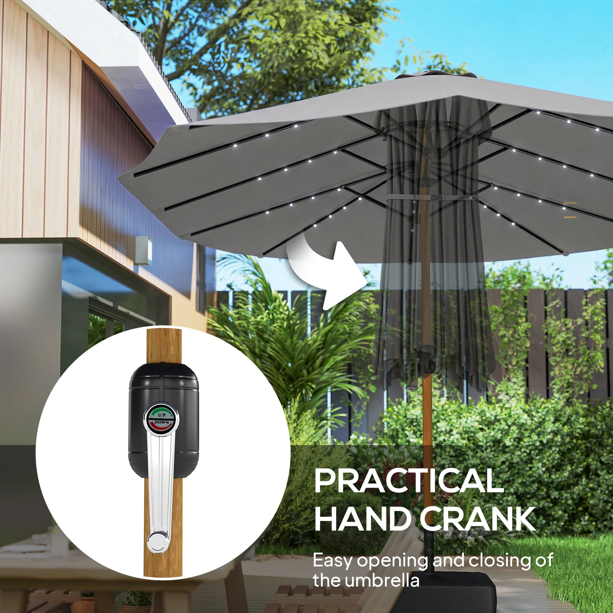 Outsunny Double Sided Garden Parasol W/ 48 Solar LED Lights 4.6m Light Grey - Image 6