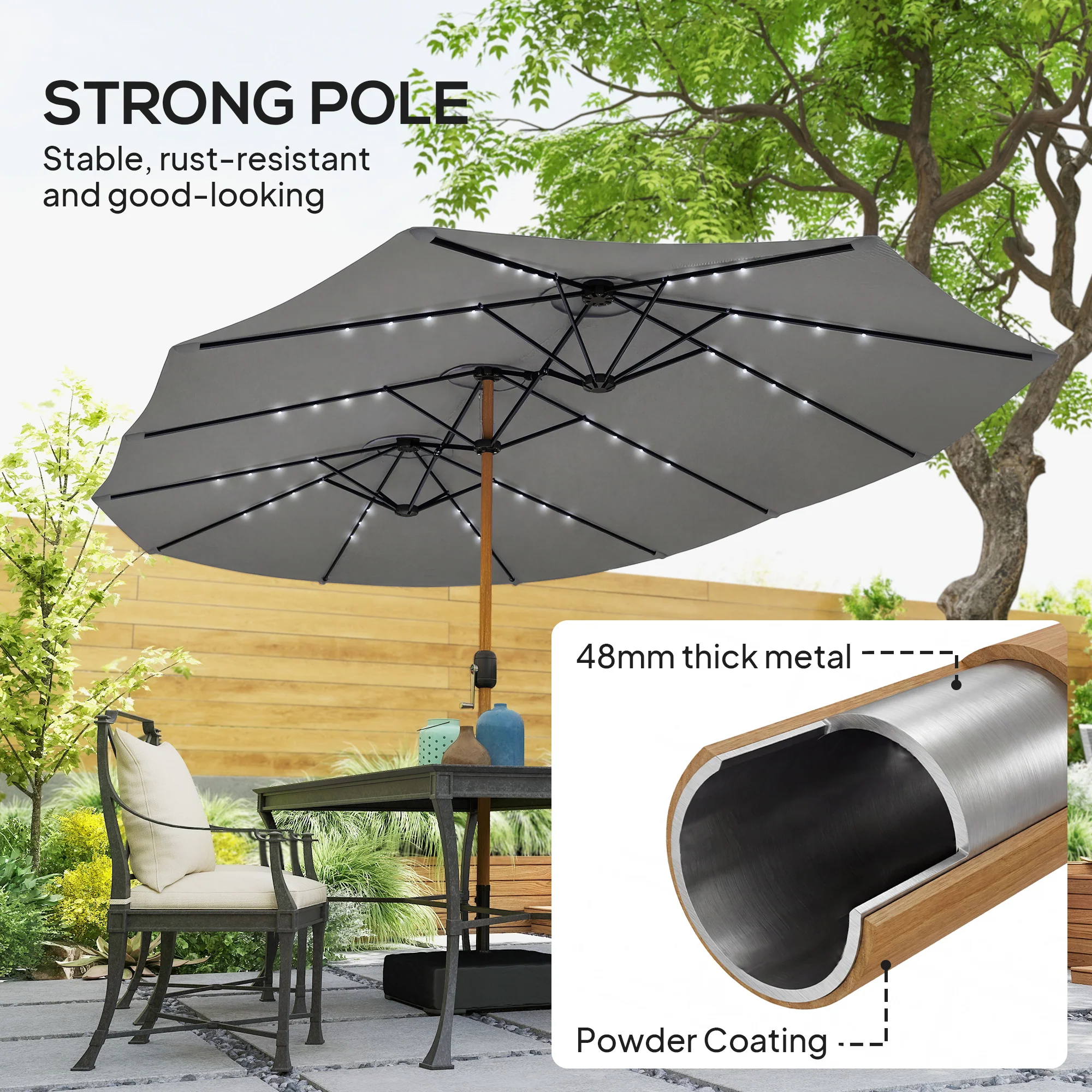 Outsunny Double Sided Garden Parasol W/ 48 Solar LED Lights 4.6m Light Grey - Image 7