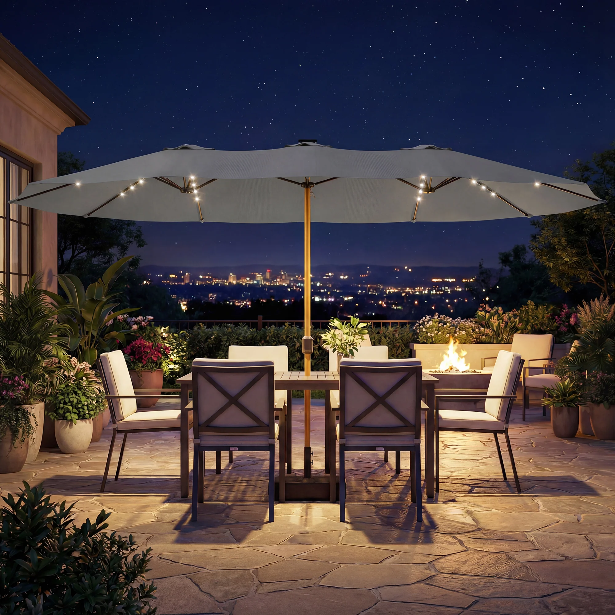 Outsunny Double Sided Garden Parasol W/ 48 Solar LED Lights 4.6m Light Grey - Image 9