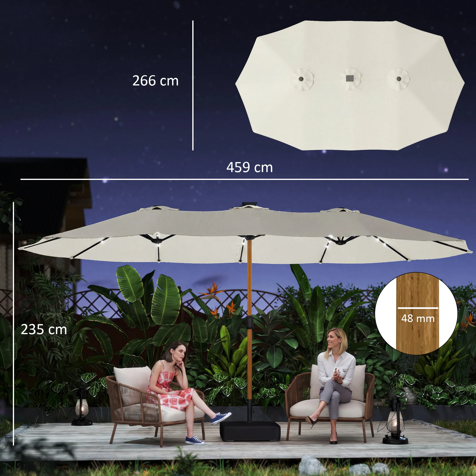 Outsunny Double Sided Garden Parasol With 48 Solar LED Lights 4.6m Cream White - Image 3
