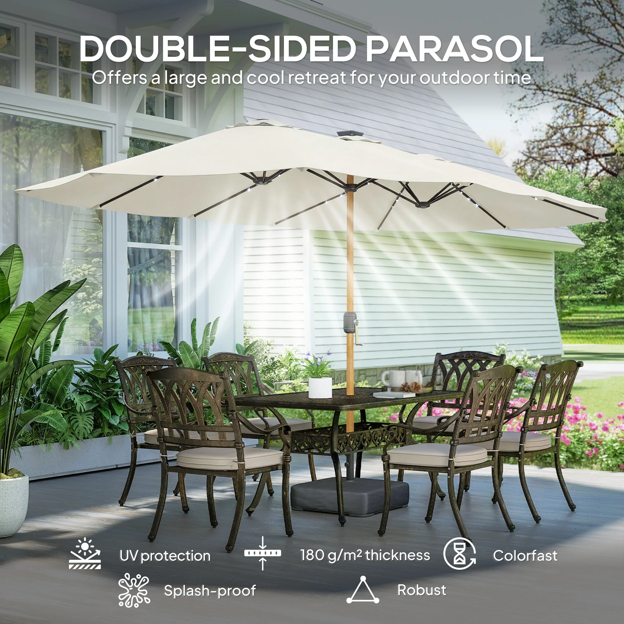 Outsunny Double Sided Garden Parasol With 48 Solar LED Lights 4.6m Cream White - Image 4