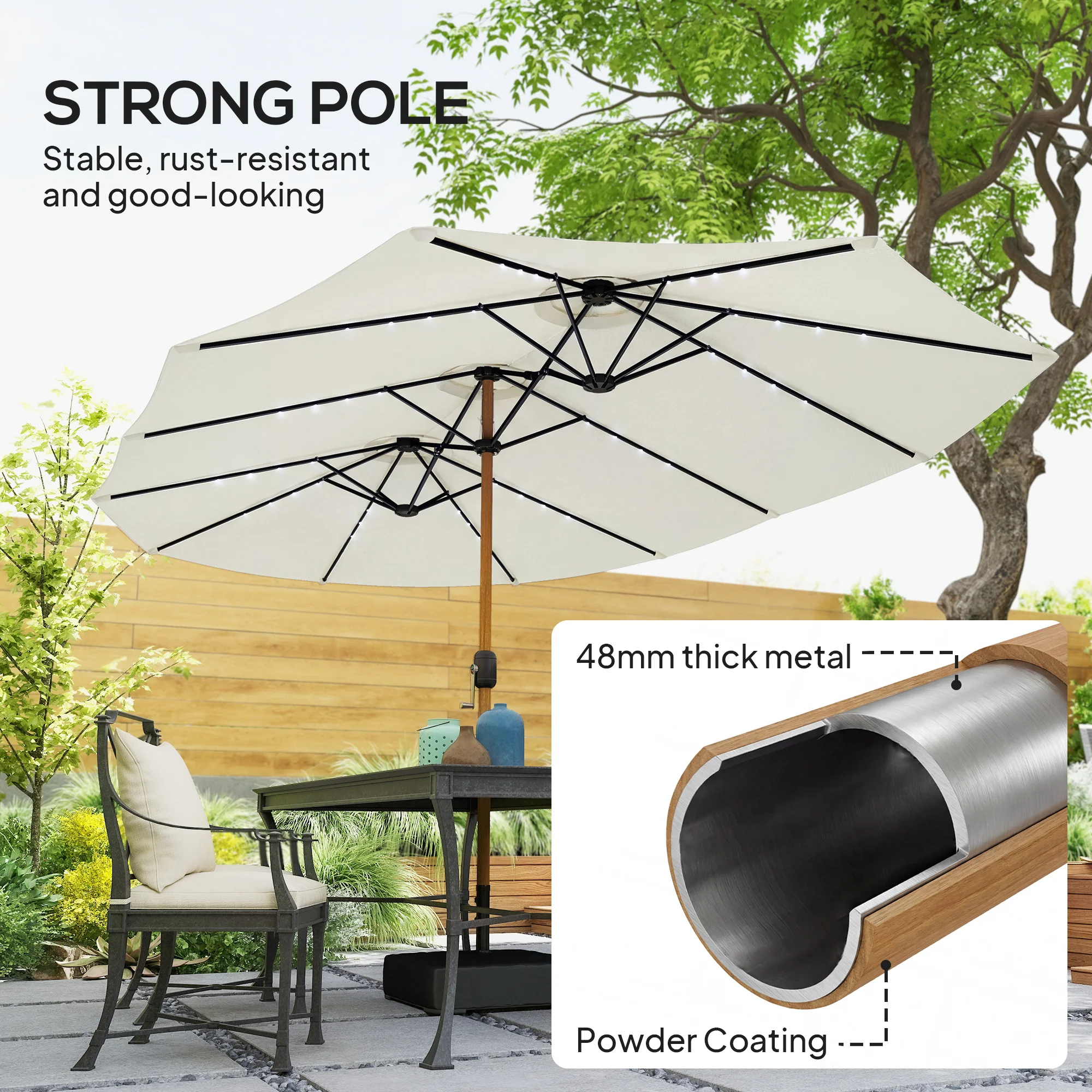 Outsunny Double Sided Garden Parasol With 48 Solar LED Lights 4.6m Cream White - Image 7