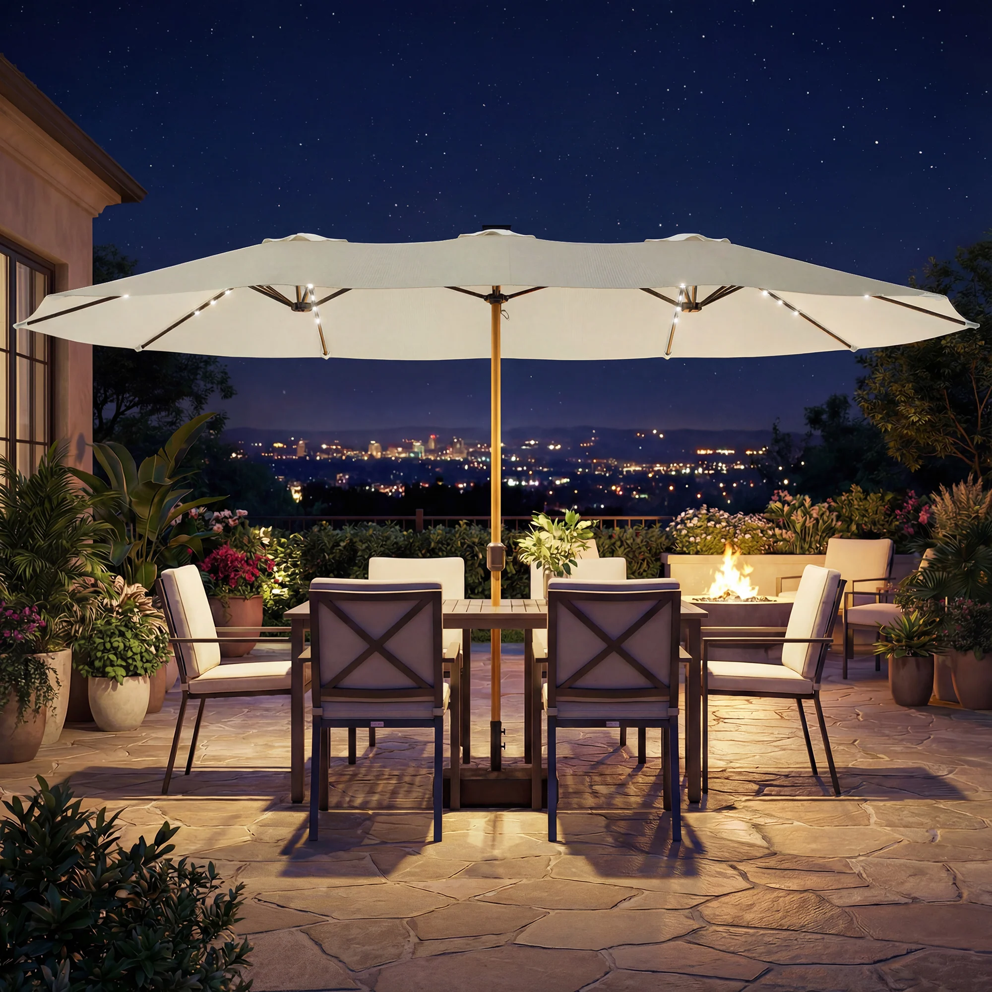 Outsunny Double Sided Garden Parasol With 48 Solar LED Lights 4.6m Cream White - Image 9