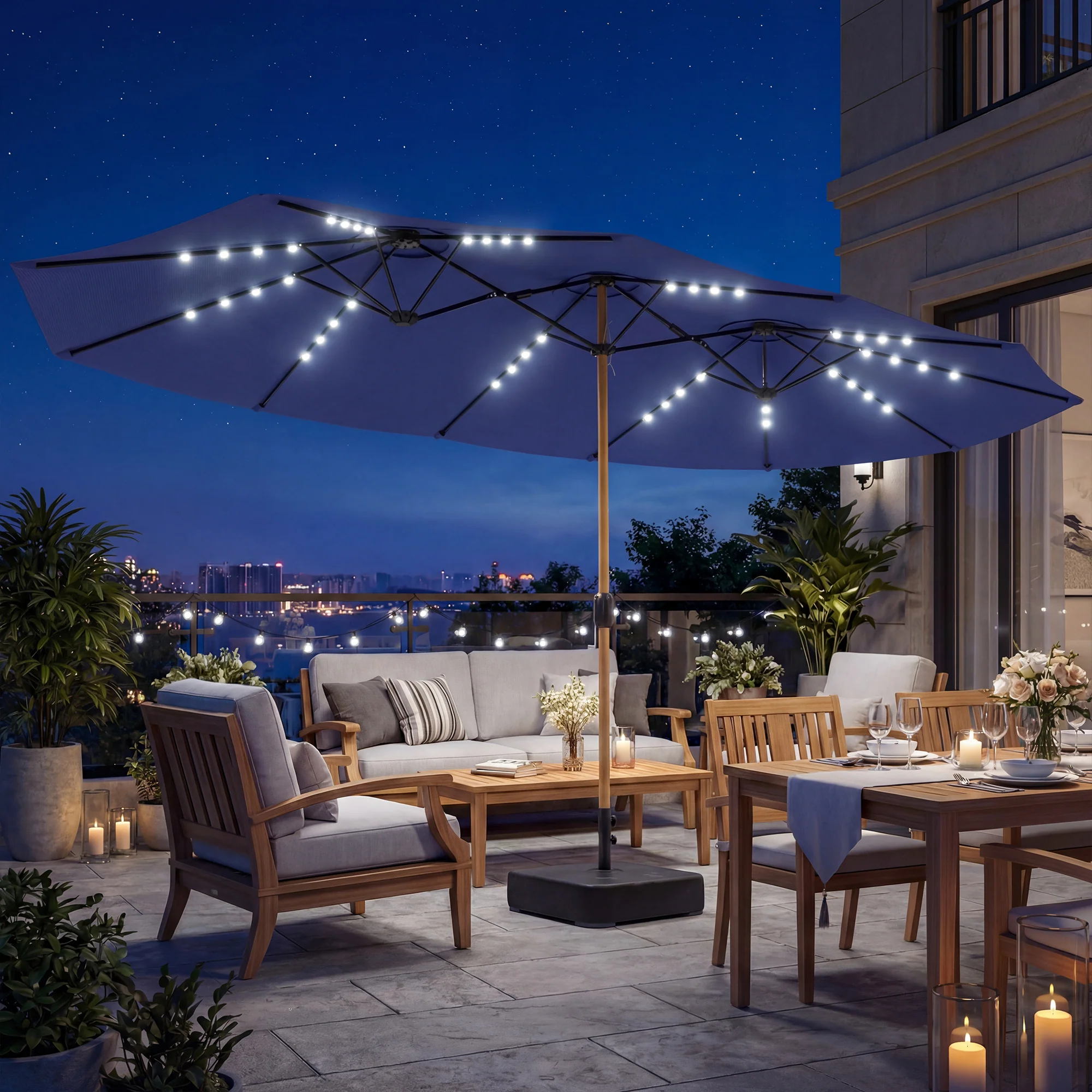 Outsunny Double Sided Garden Parasol With 48 Solar LED Lights 4.6m Dark Blue - Image 2