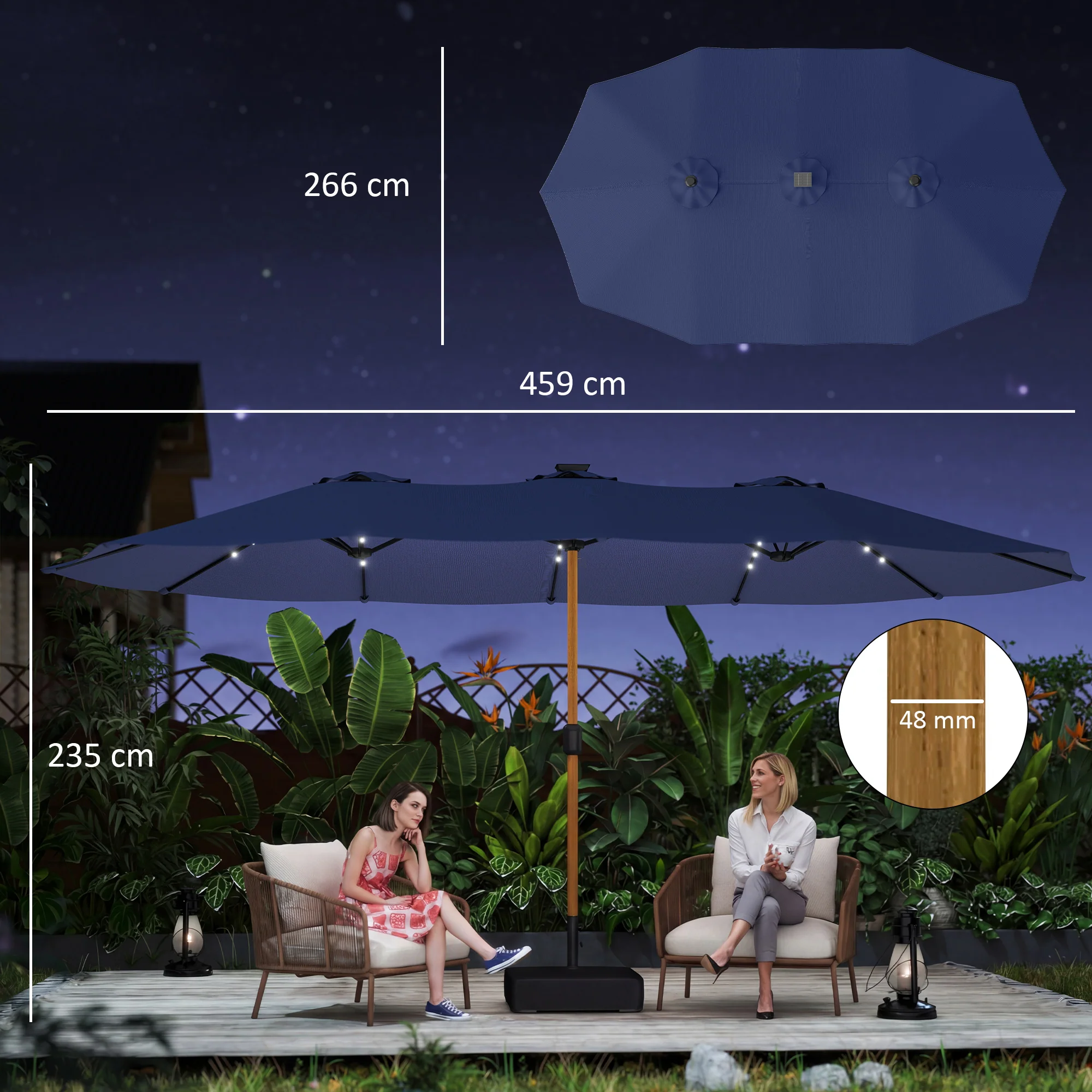 Outsunny Double Sided Garden Parasol With 48 Solar LED Lights 4.6m Dark Blue - Image 3