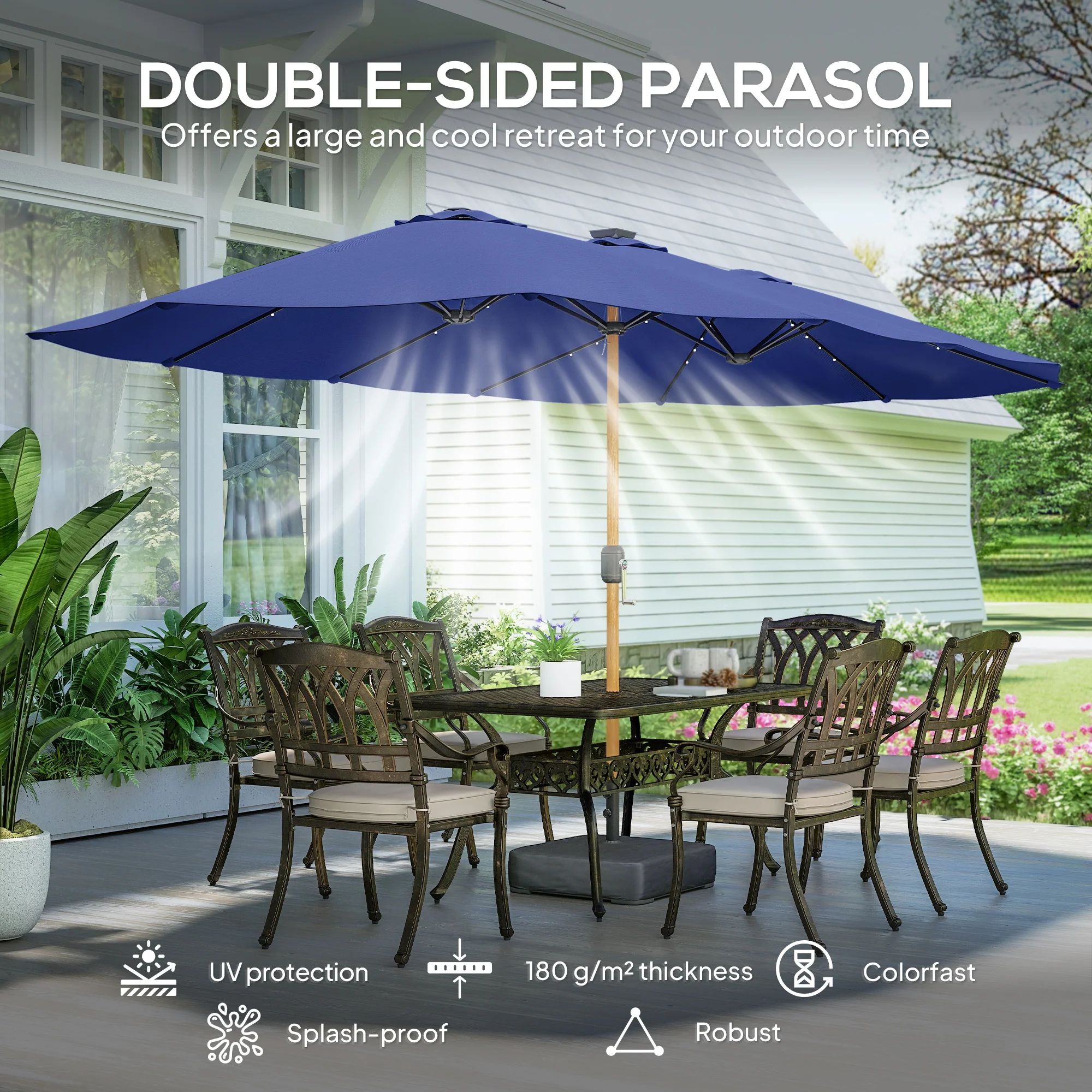 Outsunny Double Sided Garden Parasol With 48 Solar LED Lights 4.6m Dark Blue - Image 4
