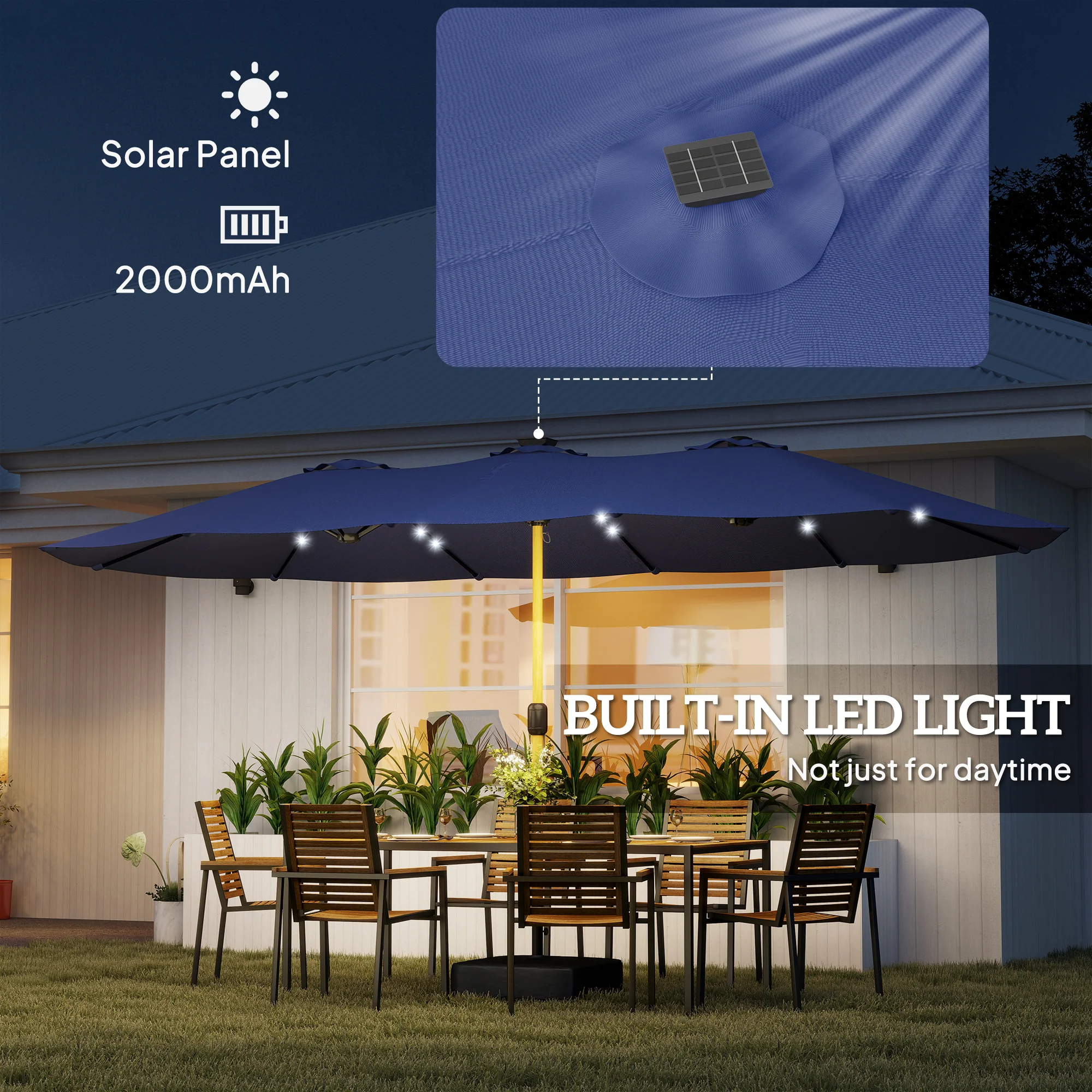 Outsunny Double Sided Garden Parasol With 48 Solar LED Lights 4.6m Dark Blue - Image 5