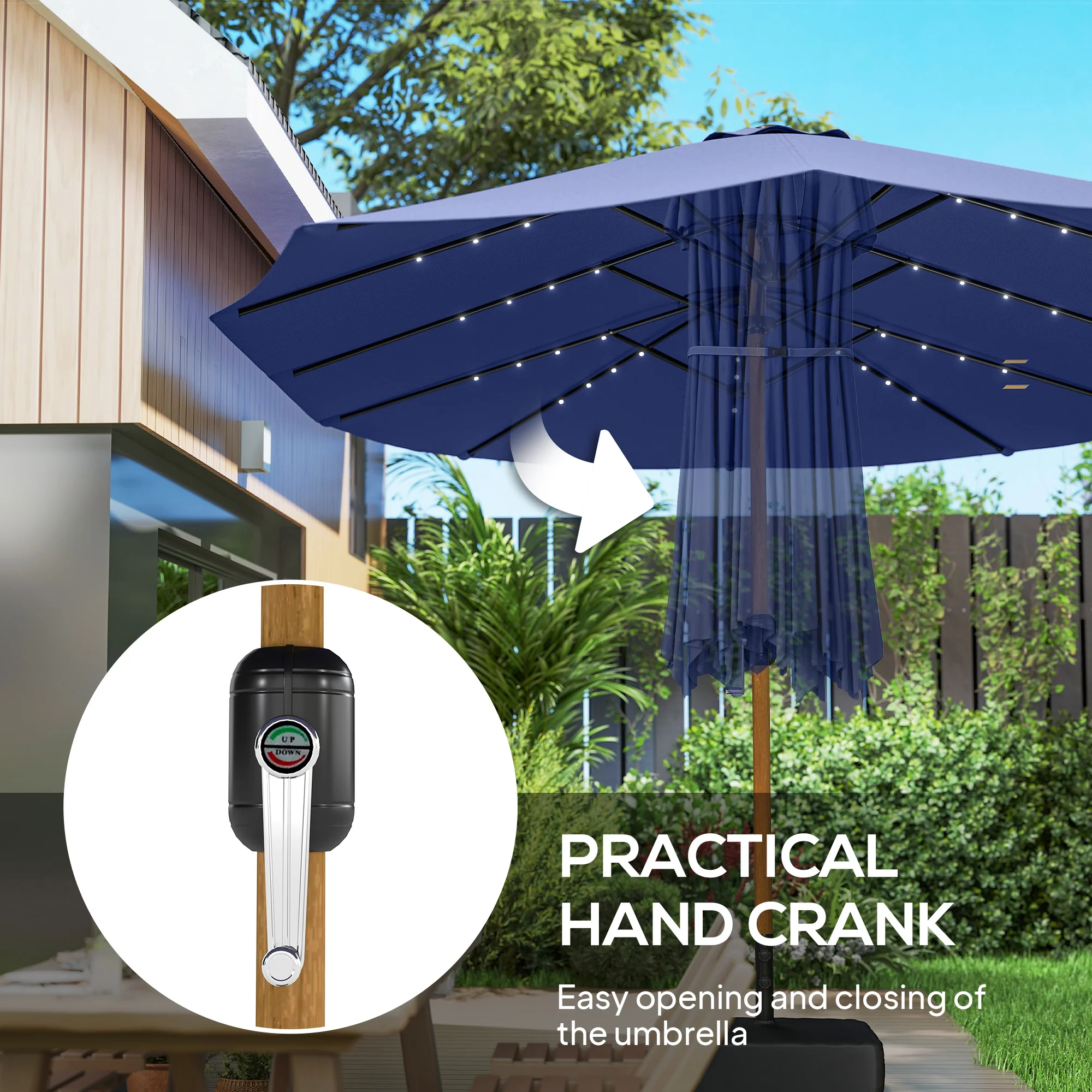 Outsunny Double Sided Garden Parasol With 48 Solar LED Lights 4.6m Dark Blue - Image 6