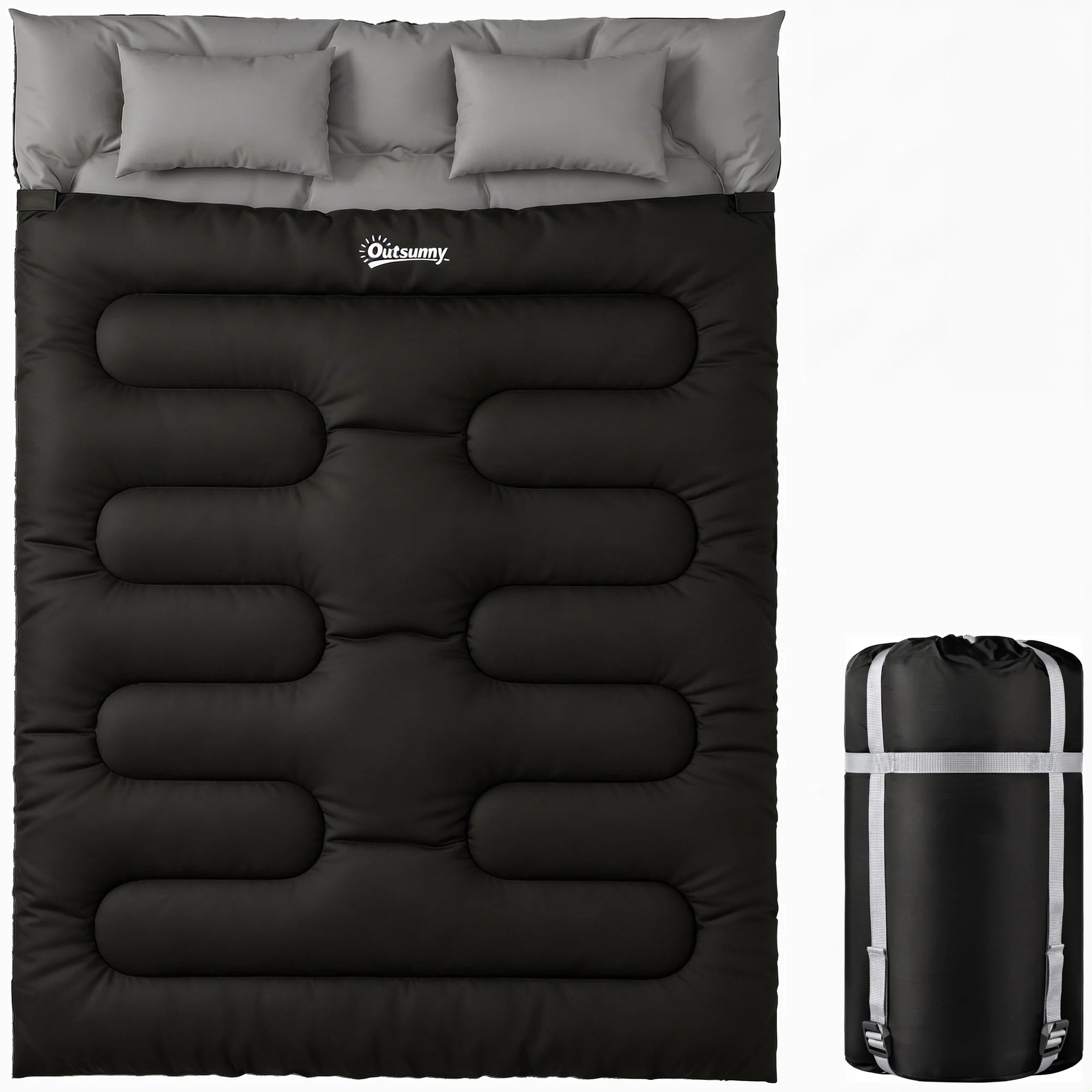 Outsunny Double Sleeping Bag With 2 Pillows, 220 X 160cm Sleeping Bag Black