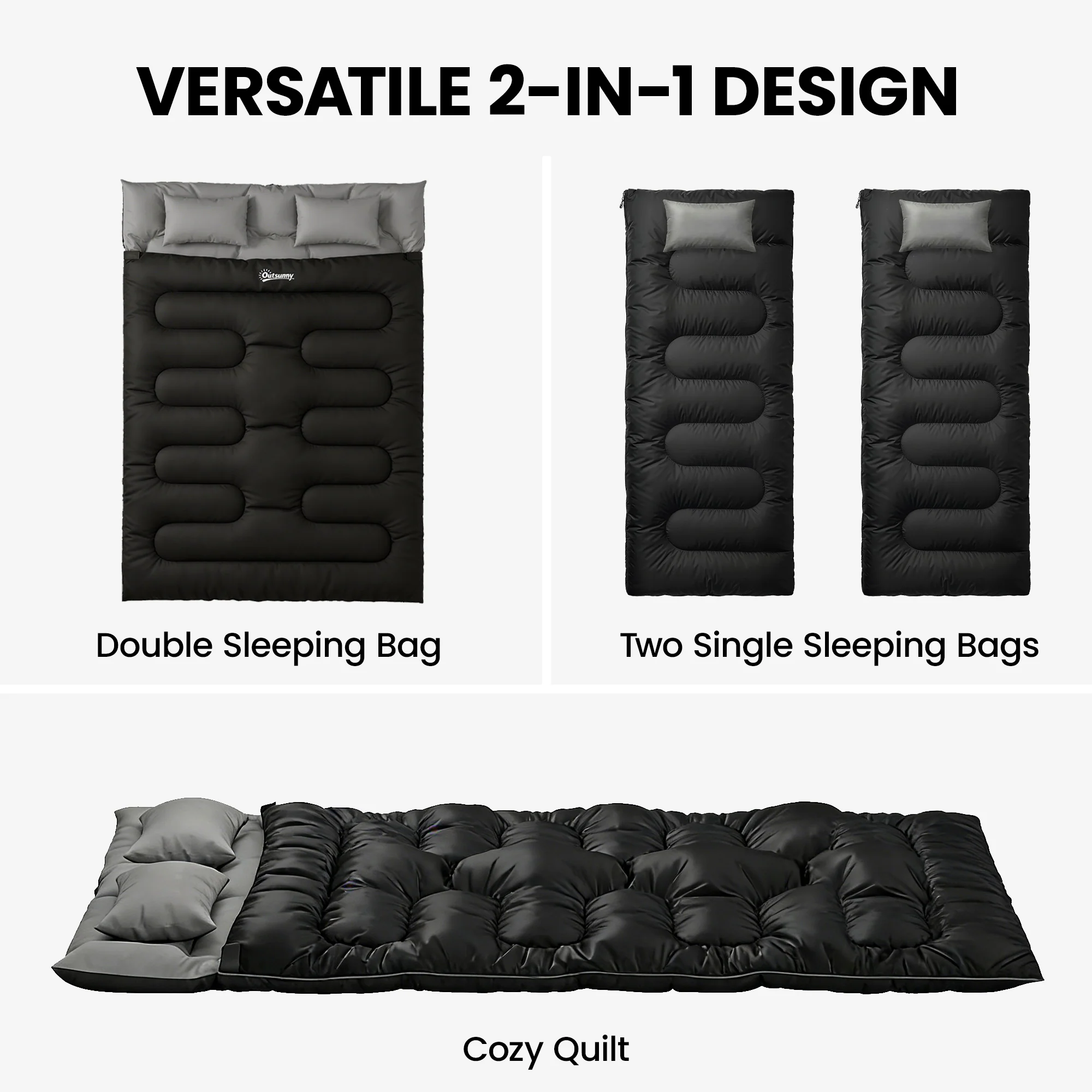 Outsunny Double Sleeping Bag With 2 Pillows, 220 X 160cm Sleeping Bag Black - Image 3