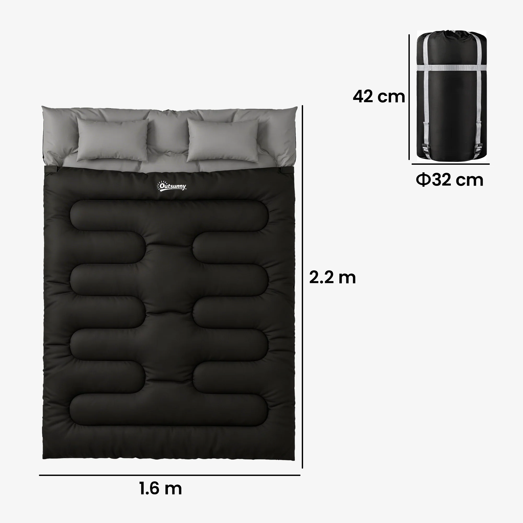 Outsunny Double Sleeping Bag With 2 Pillows, 220 X 160cm Sleeping Bag Black - Image 5