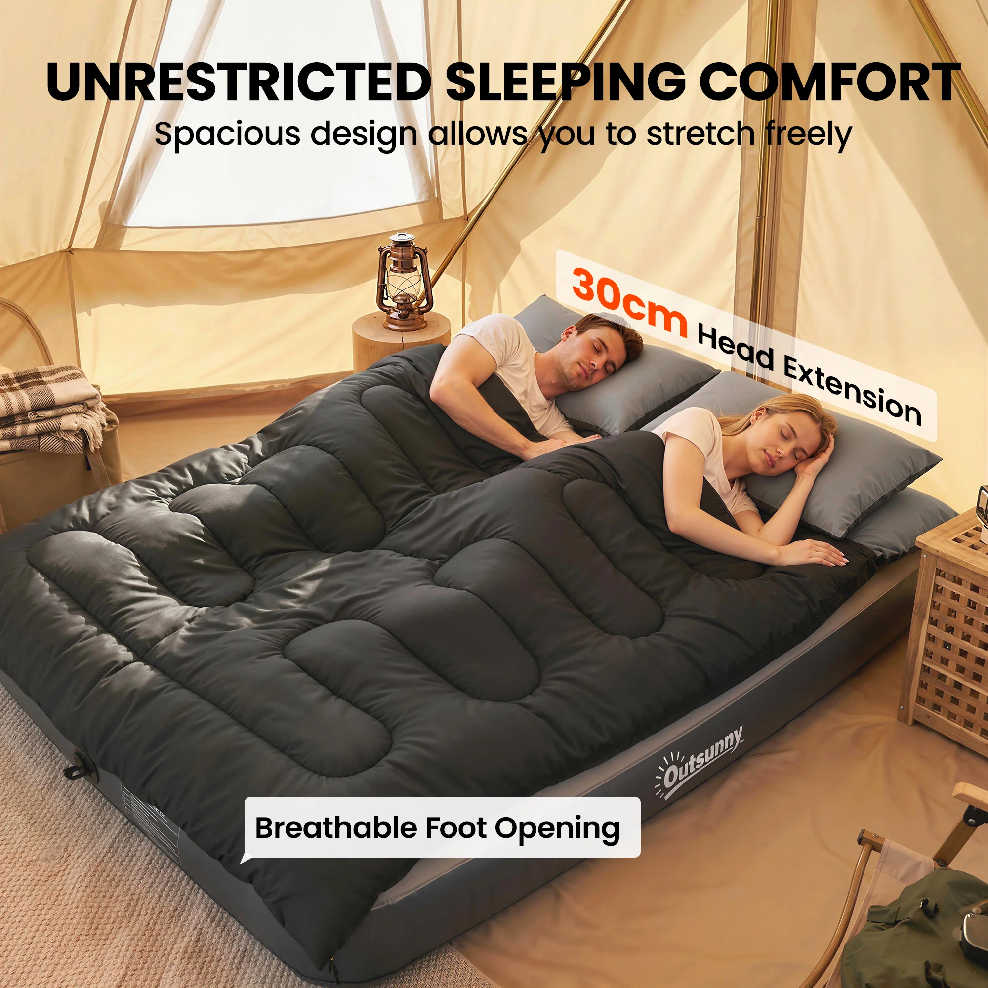 Outsunny Double Sleeping Bag With 2 Pillows, 220 X 160cm Sleeping Bag Black - Image 6