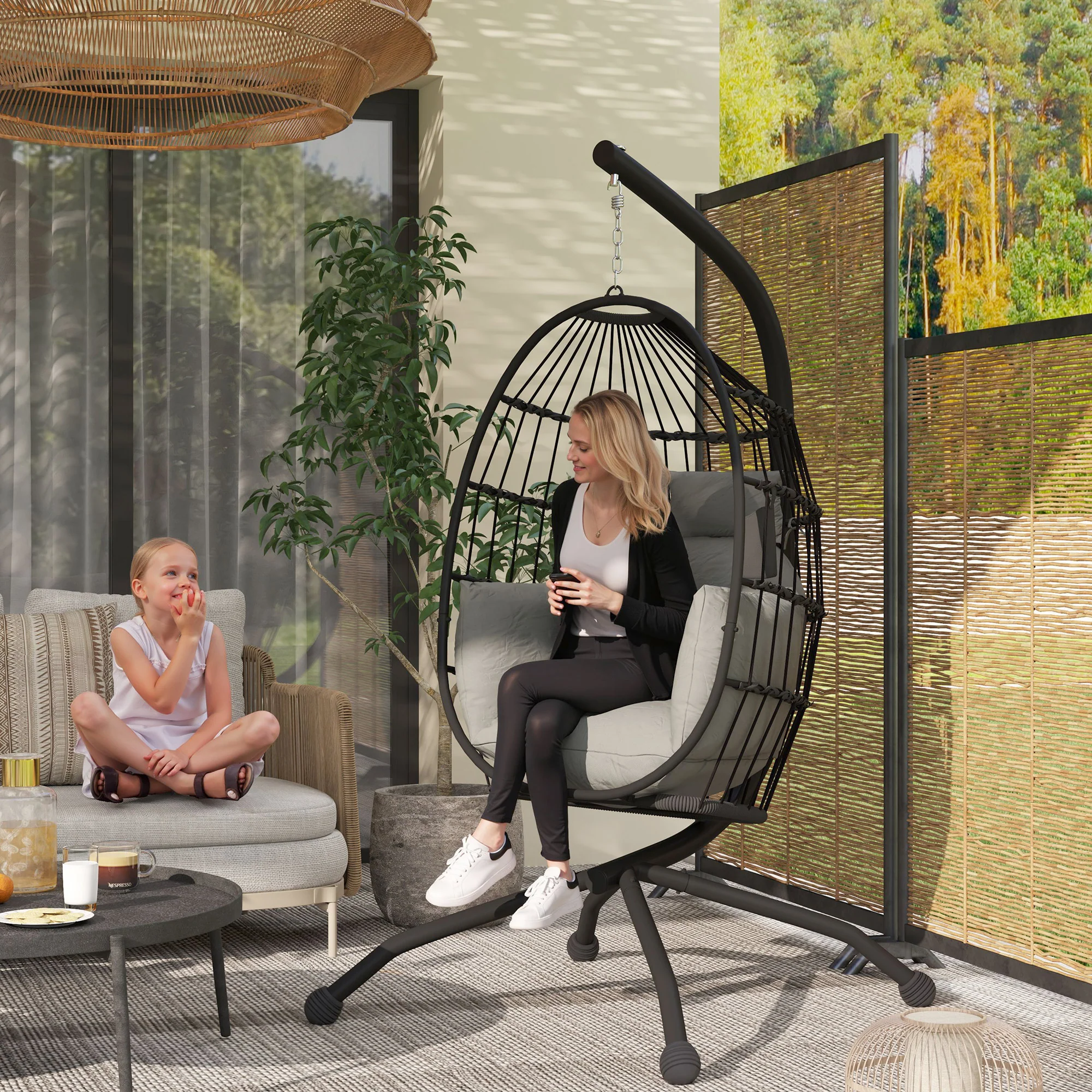 Outsunny Egg Chair Outdoor Indoor Garden Swing Chair, Folding Basket - Image 2