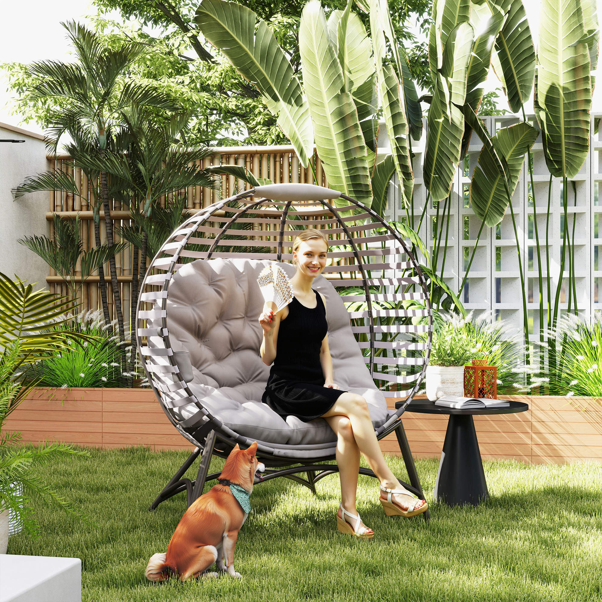 Outsunny Egg Chair w/ Cushion Steel Frame and Side Pocket, Light Grey - Image 2