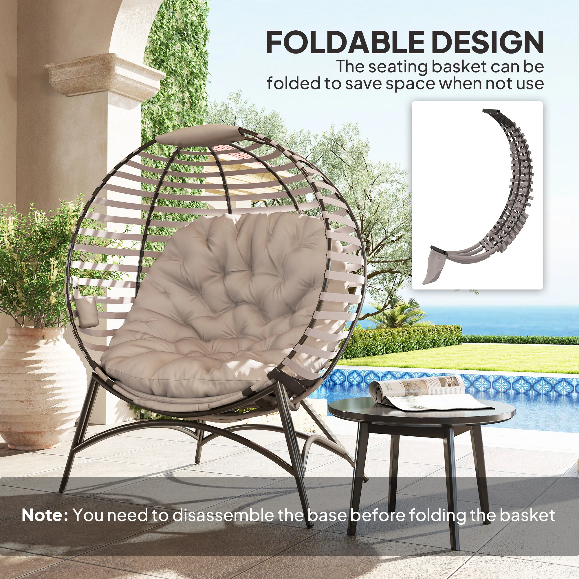 Outsunny Egg Chair w/ Cushion Steel Frame and Side Pocket, Light Grey - Image 6