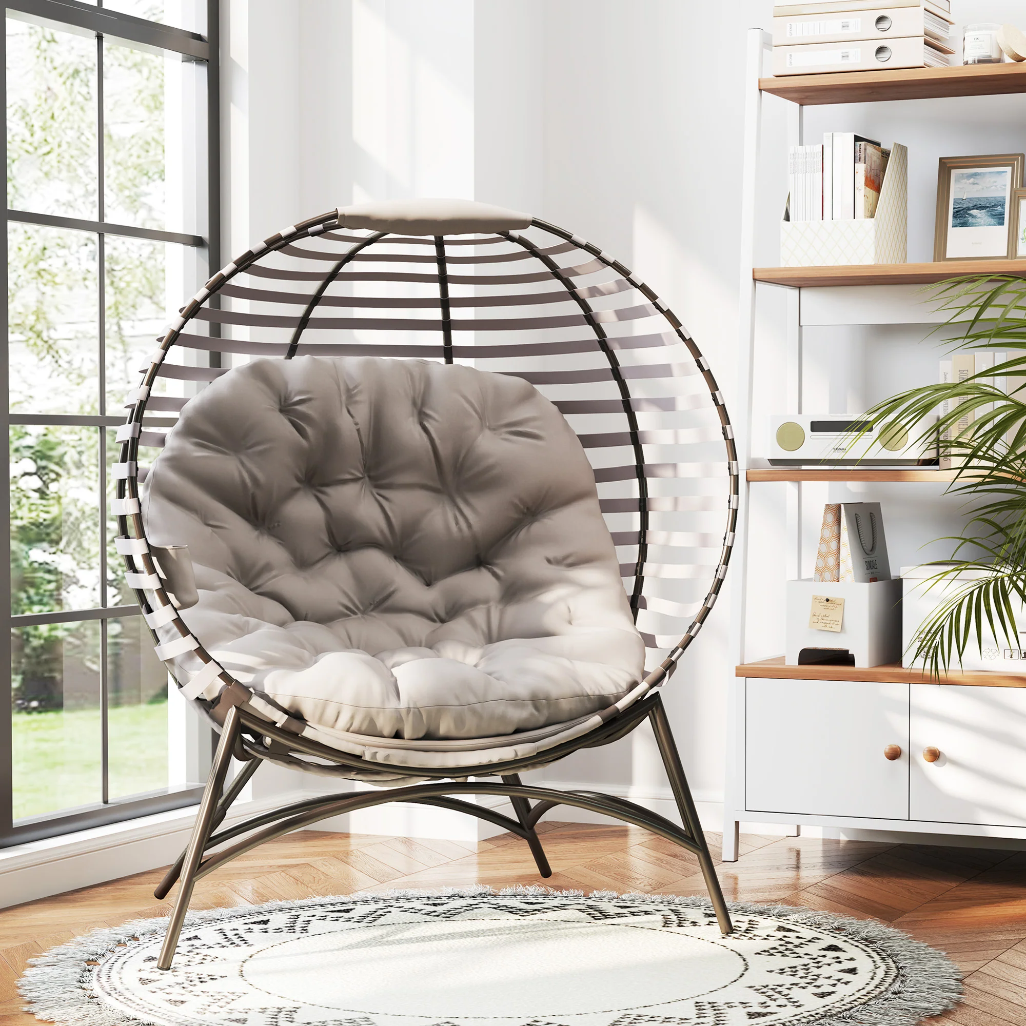 Outsunny Egg Chair w/ Cushion Steel Frame and Side Pocket, Light Grey - Image 8