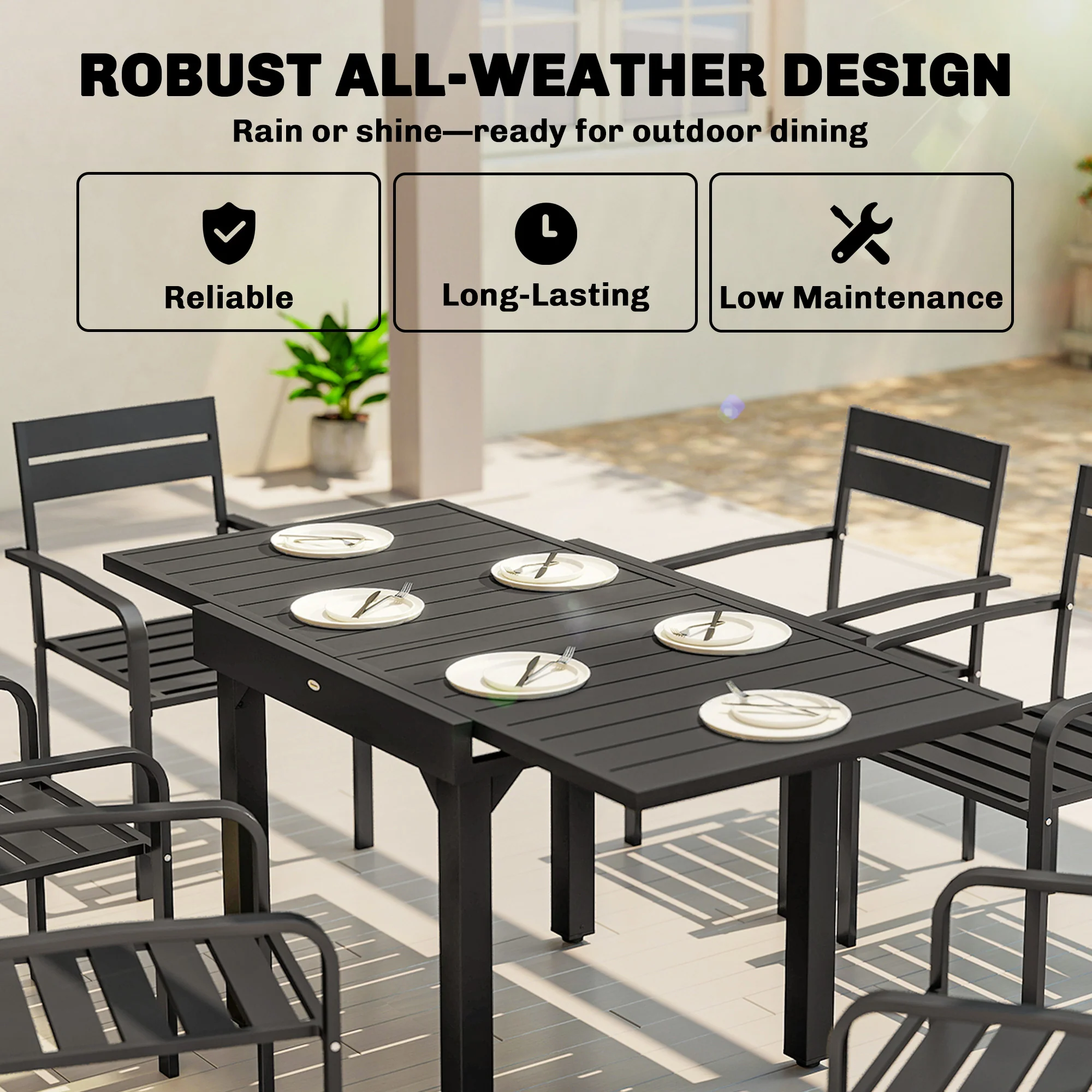 Outsunny Expandable Patio Table For 4-6 People With Slatted Top, Black - Image 6